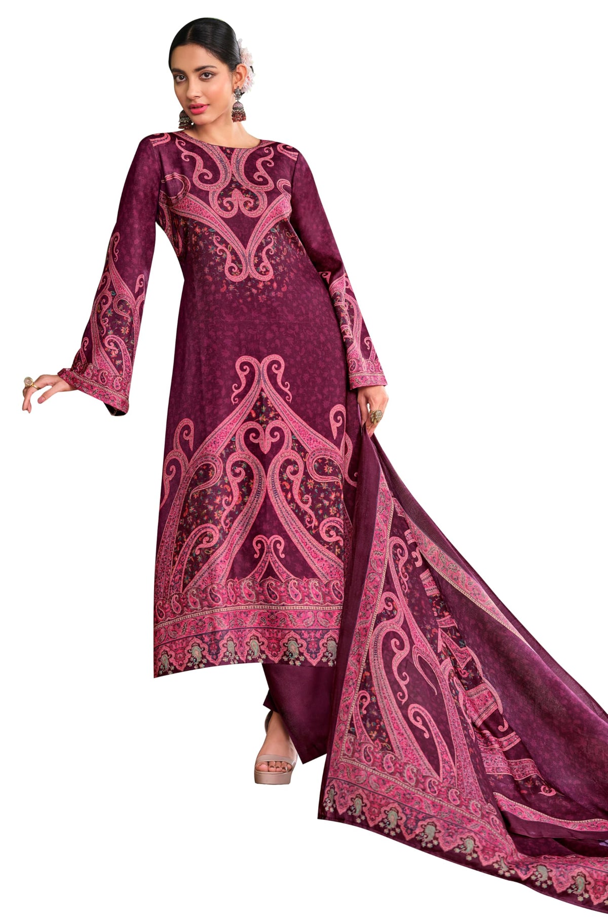 DRAVINAM Trends Women's Pure Viscose Pashmina Digital Kashmiri Printed Salwar Suit Material Set with Unstitch Bottom and Kashmiri Print Shawl Dupatta