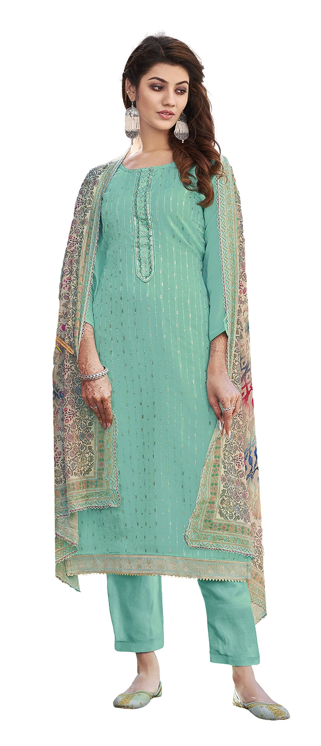 DRAVINAM Trends Women's Pure Viscose Upada Silk Sequence work Unstitched Salwar Suit Material with Pure Muslin Digital Print Sequence Dupatta (Free size_Pink)