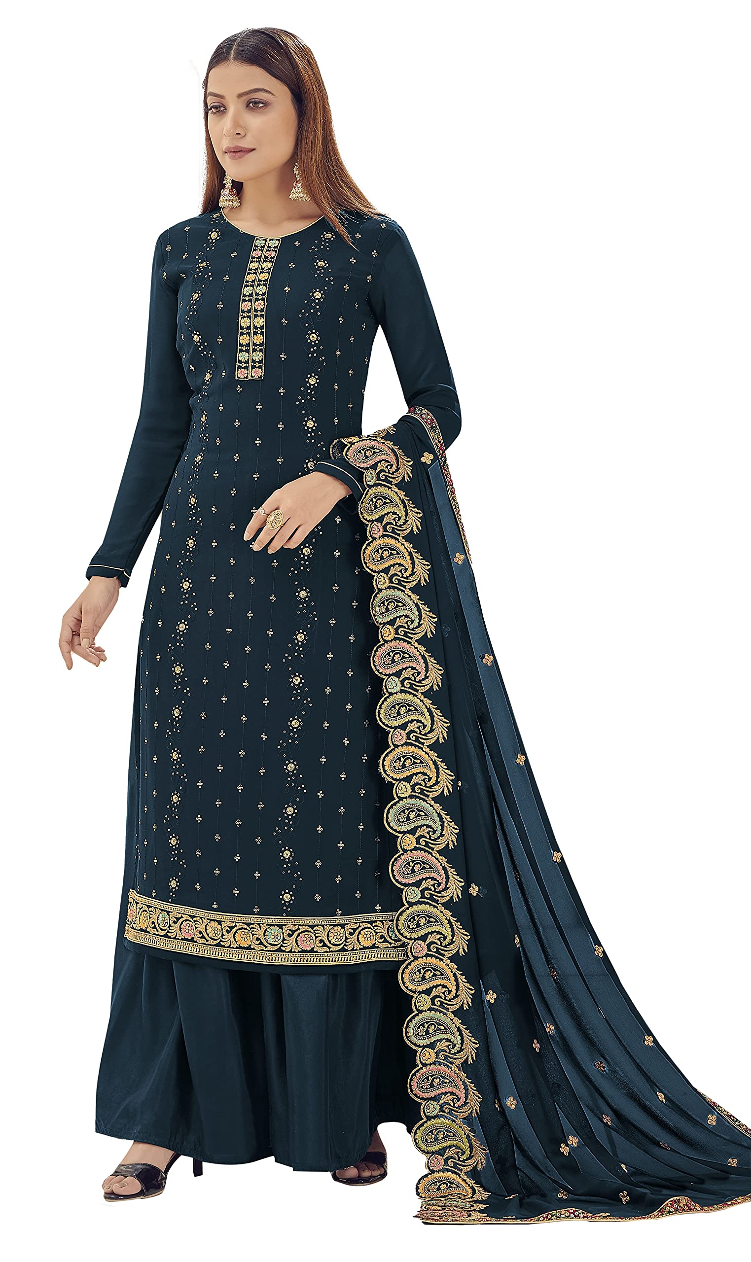 DRAVINAM Trends Women's Heavy Embroidered Pure Georgette Sharara Salwar Suit Dress Material with Heavy Embroidered Pure Georgette Dupatta (Free size_Maroonish red)