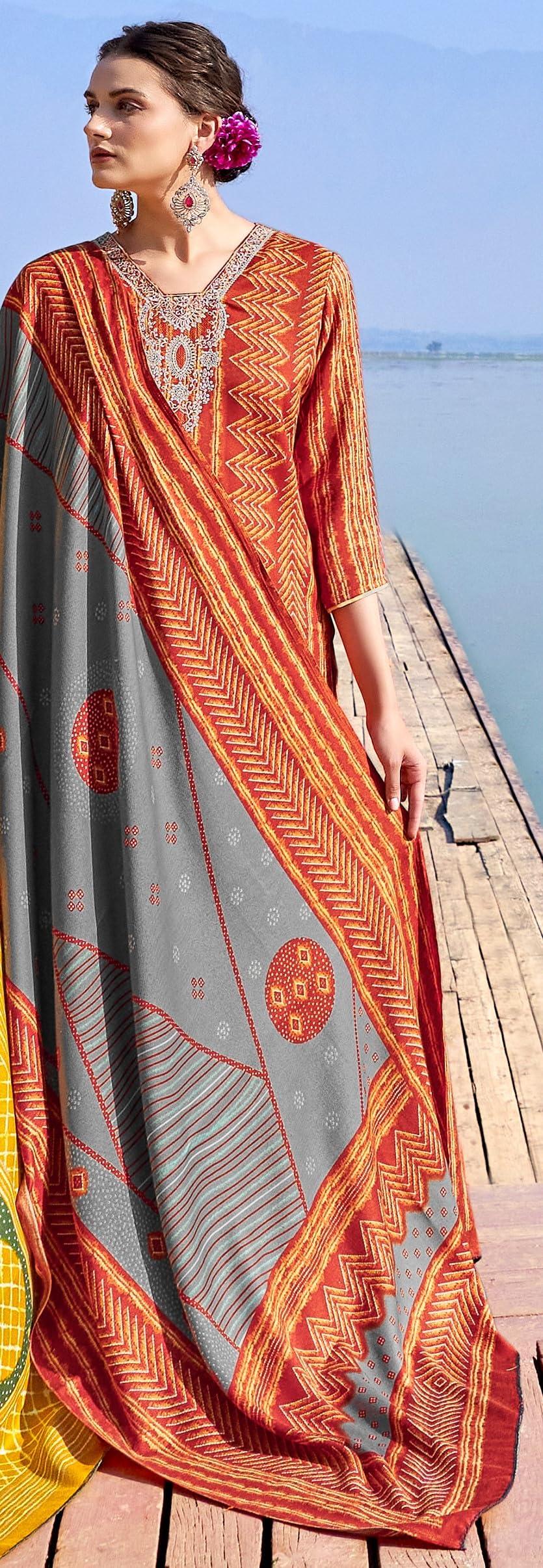 DRAVINAM Trends Women's Pure Pashmina Printed and Embroidered Suit Dress Material with Pure Pashmina Dobby Printed Shawl