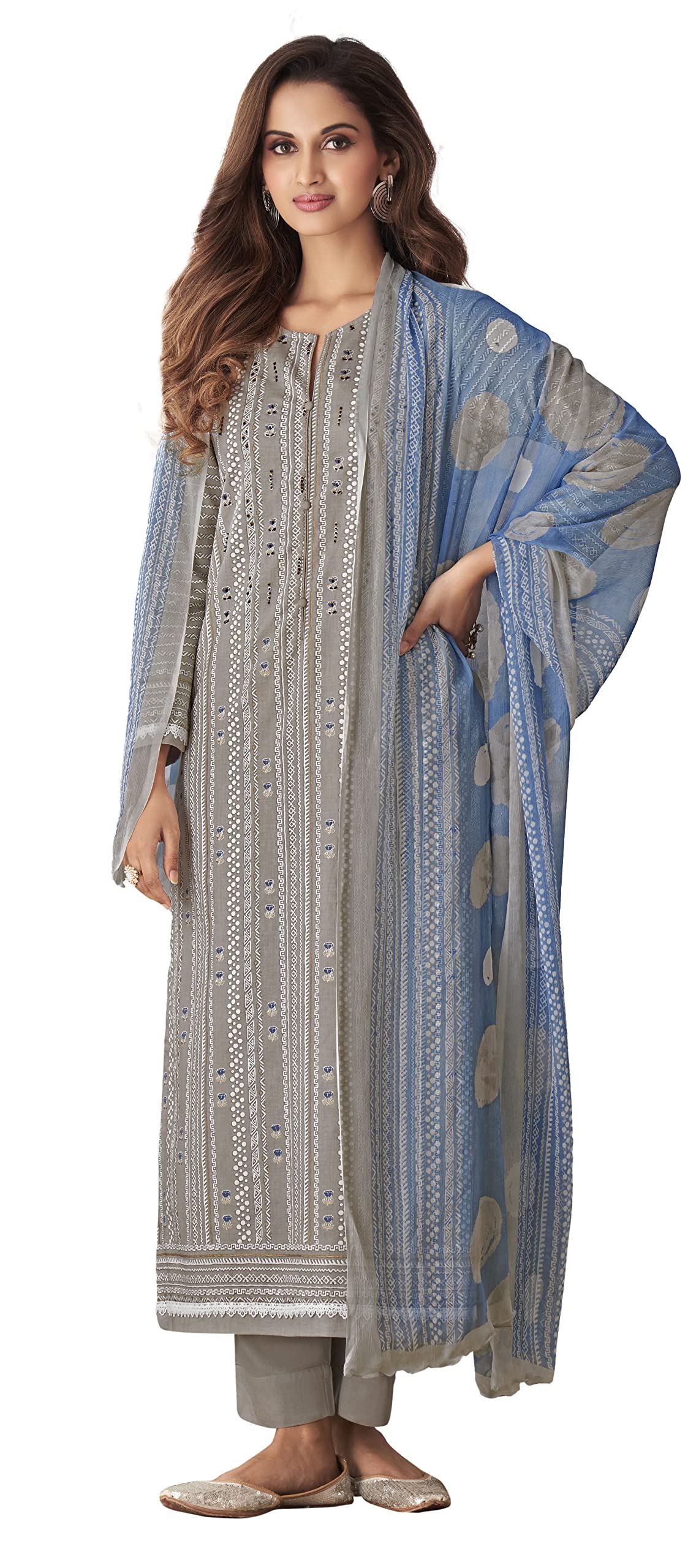 DRAVINAM Trends Women's Unstitched Block Printed Cambric Cotton Knot Work Salwar Suit Dress Material with Lace and Digital Printed Bember Dupatta/Chunni (Grey)