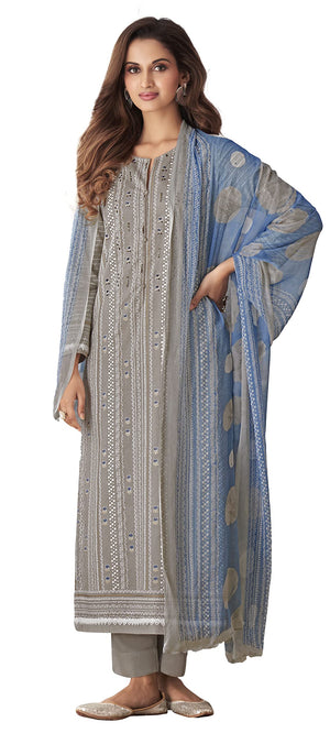 DRAVINAM Trends Women's Unstitched Block Printed Cambric Cotton Knot Work Salwar Suit Dress Material with Lace and Digital Printed Bember Dupatta/Chunni (Grey)