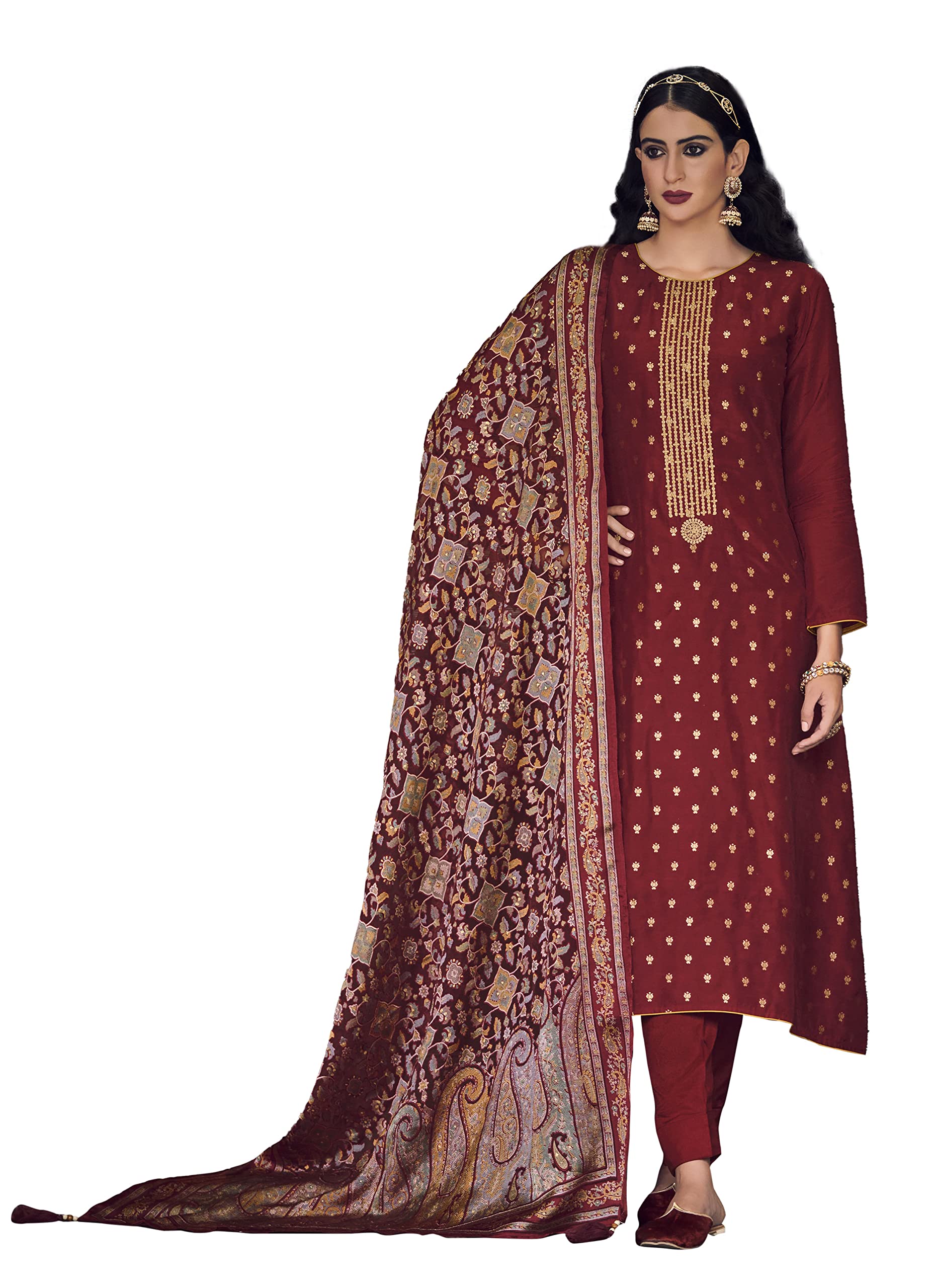 DRAVINAM Trends Women's Pure Dolla Jacquard Banarasi Silk Unstitched Heavy Pakistani Salwar Suit Dress Material with Pure Organza Digital Printed Brasso dupatta (Maroon)
