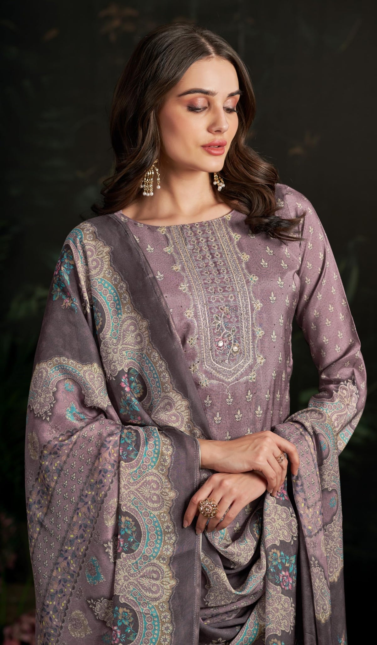 DRAVINAM Trends Women's Unstitched Maslin Salwar Suit Dress Material - Pure Bemberg Maslin Aari Work Kameez II Rayon Unstitch Bottoms II Viscose Maslin Digital Prints Dupatta