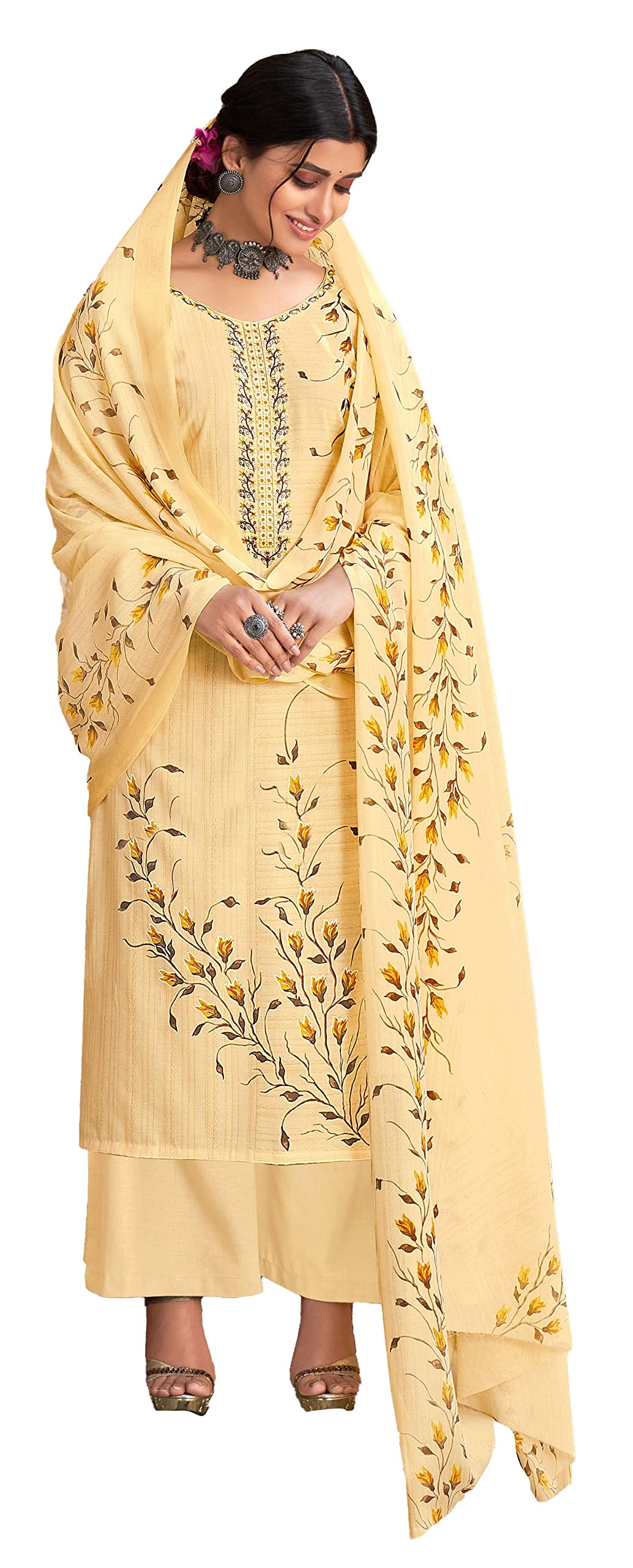 DRAVINAM Trends Women's Printed Embroidered Unstitched Pure Cotton Salwar Suit Material with Pure Nazneen Chiffon Chunni (Grey)