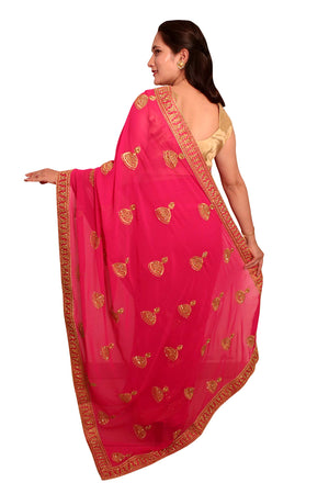 DRAVINAM Trends Women's Pure Georgette Zari embroidered Saree with Blouse Piece (Magenta)