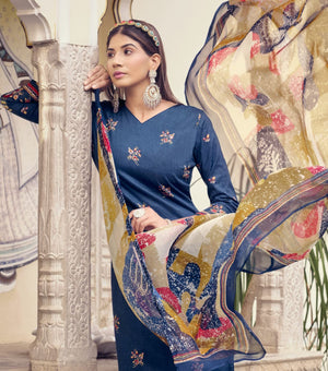 DRAVINAM Trends Unstitched Printed Mirror Work Cotton Salwar Suits Dress Material with Chiffon Dupatta (Green)
