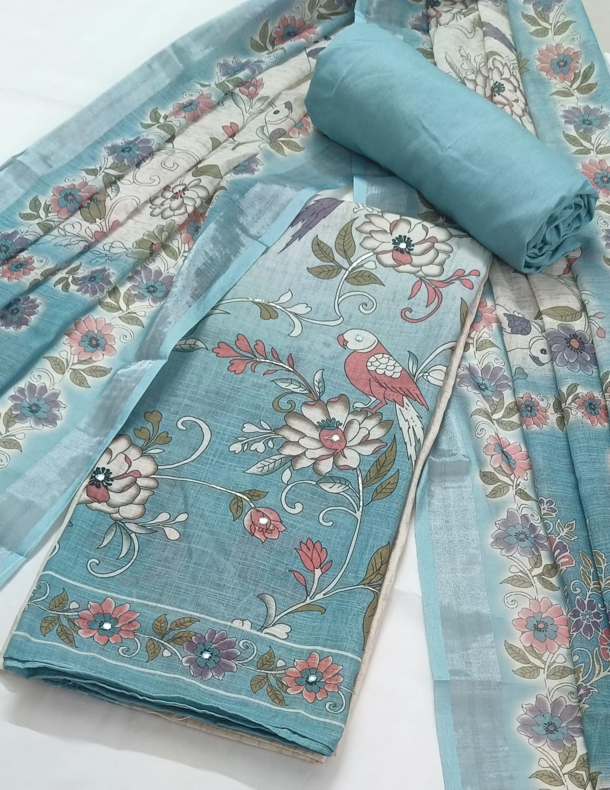 DRAVINAM Trends Women's Premium Pure Linen Floral Printed Unstitched Salwar Suit Dress Material with Dupatta