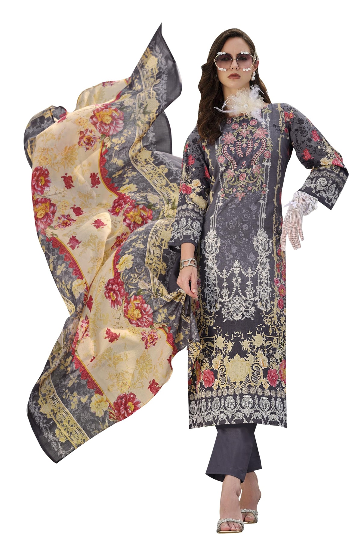 DRAVINAM Trends Women's Unstitched Pakistani Print Embroidered Pure Cotton Salwar Suit Dress Materials with Cotton Printed Dupatta