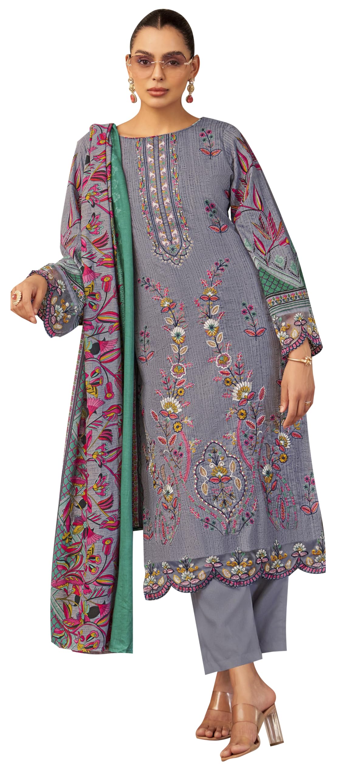 DRAVINAM Trends Women's Unstitched Cotton Suit Dress Material - Pure Cambric Cotton Pakistani Print Embroidered Kameez II Pure Cotton Bottoms II Pure Cotton Dupatta