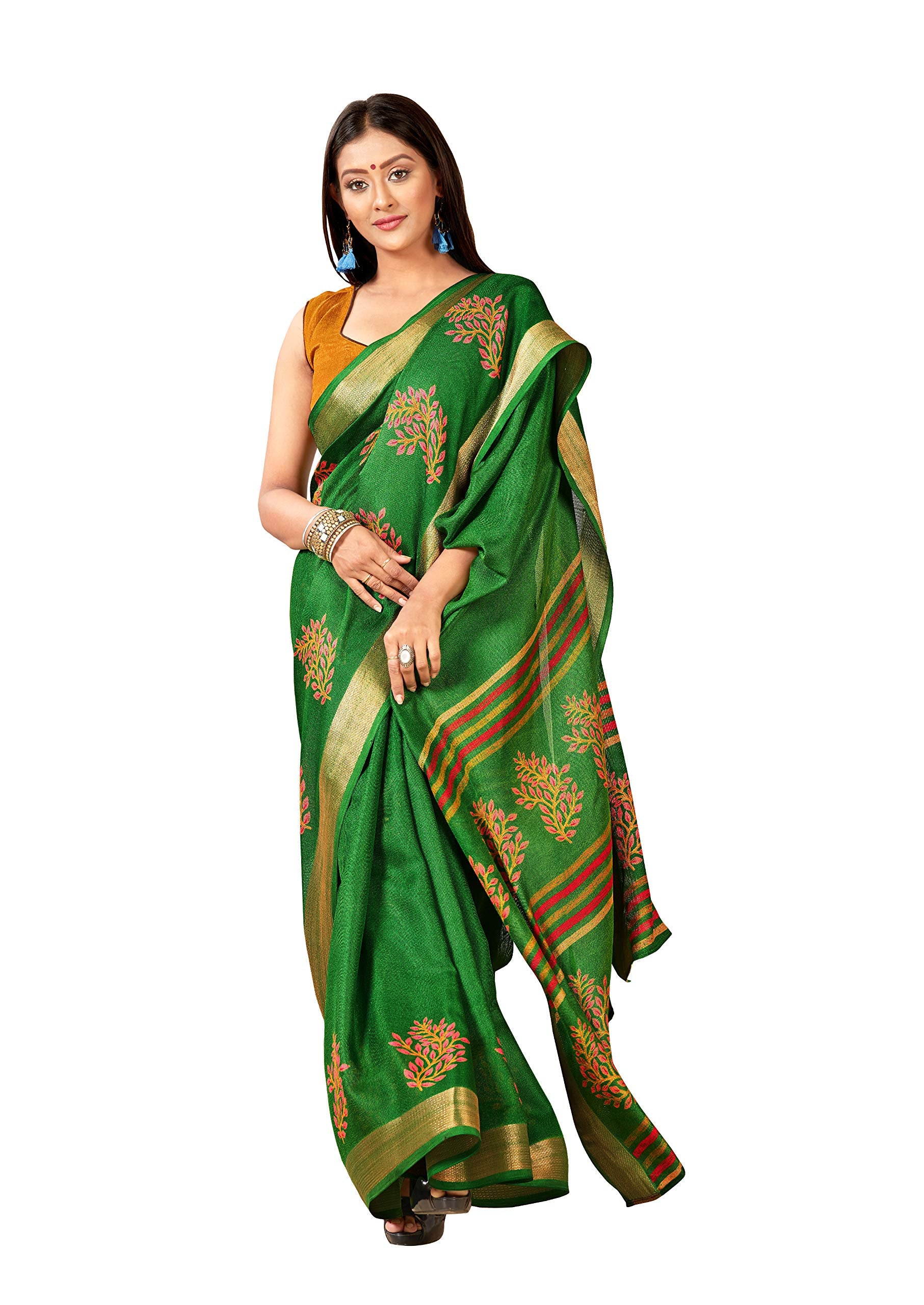 DRAVINAM Trends Women's Khadi Linen Saree With Un-stitched Blouse (SareePe_8_Green & Yellow)