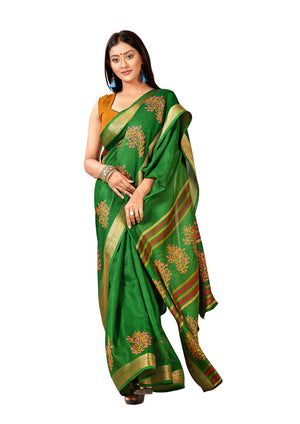 DRAVINAM Trends Women's Khadi Linen Saree With Un-stitched Blouse (SareePe_8_Green & Yellow)