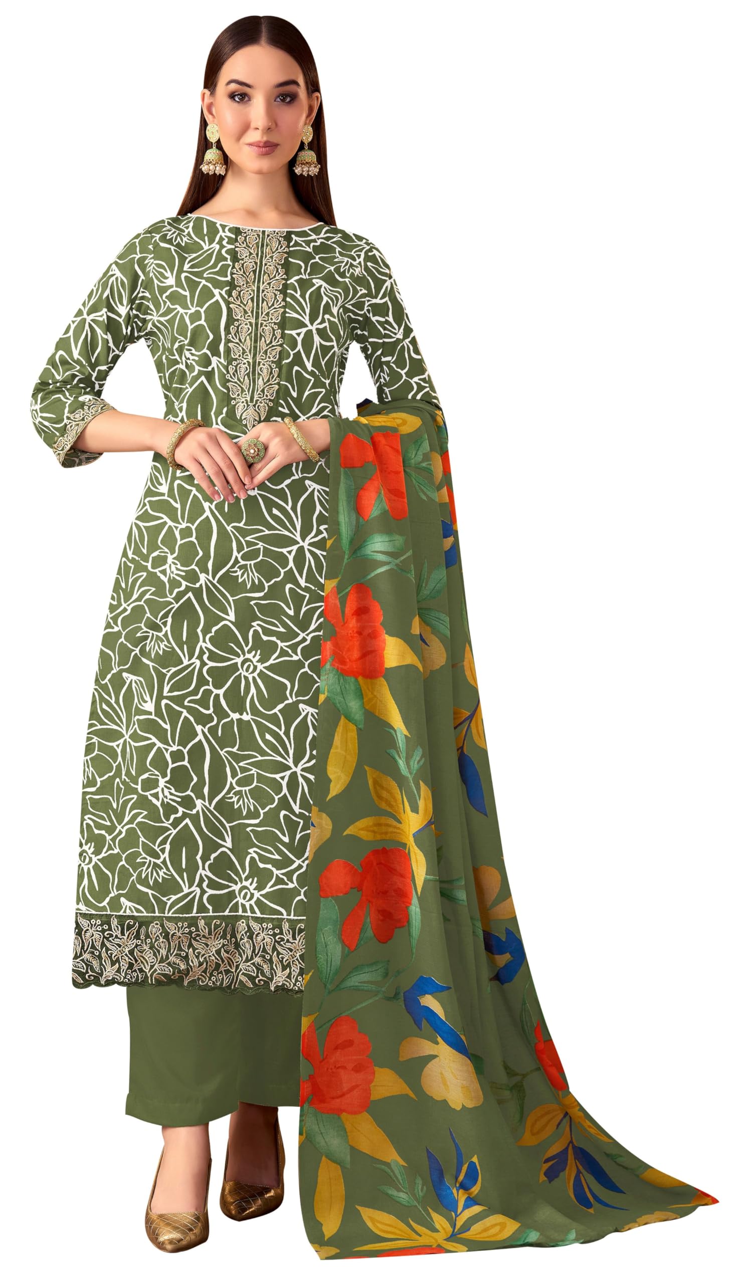 DRAVINAM Trends Women's Unstitched Premium Cotton Printed Embroidered Suit Material