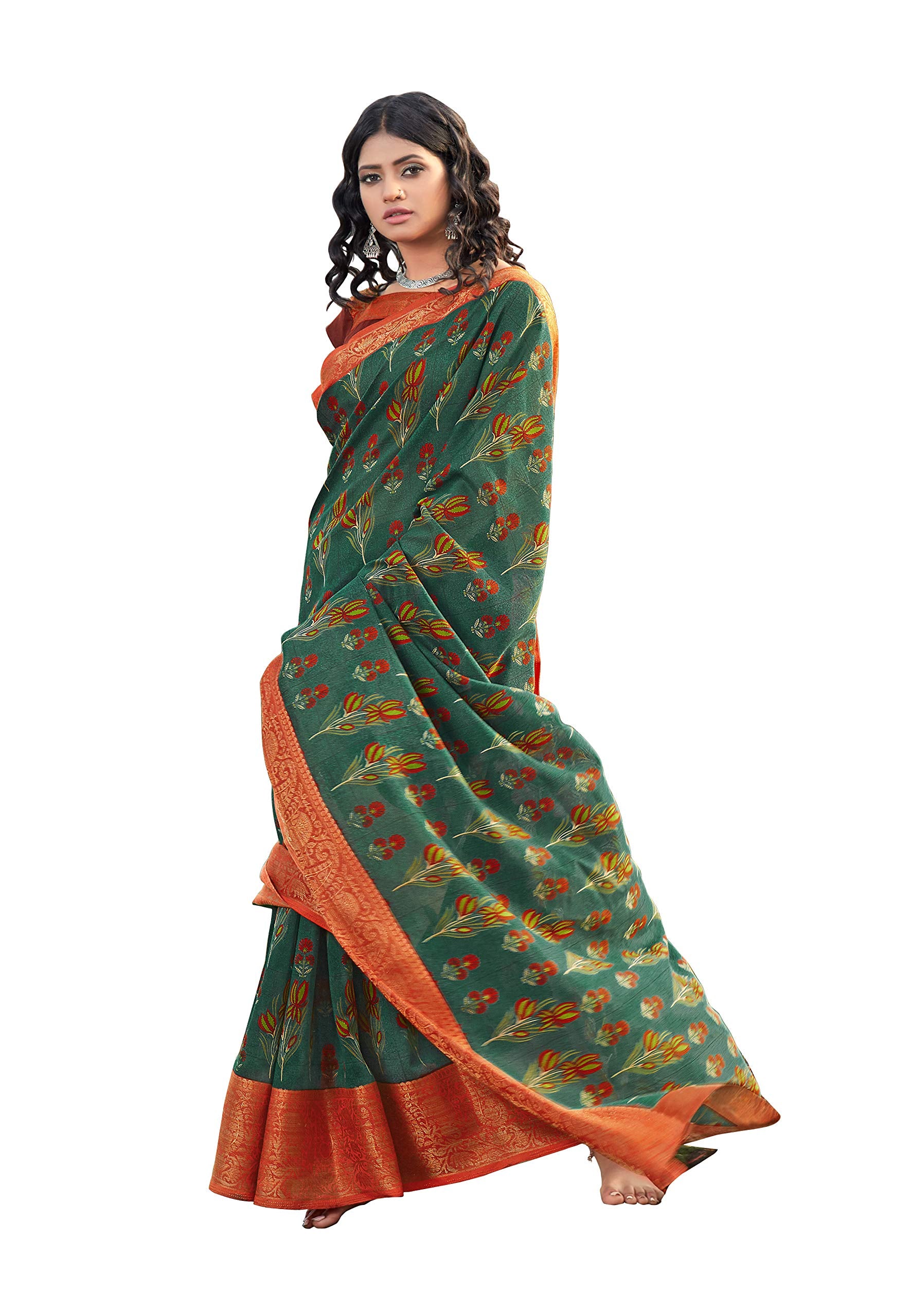DRAVINAM Trends Women's Jacquard Linen Saree With Un-stitched Blouse (SareeSRRm_5_Green And Peach)