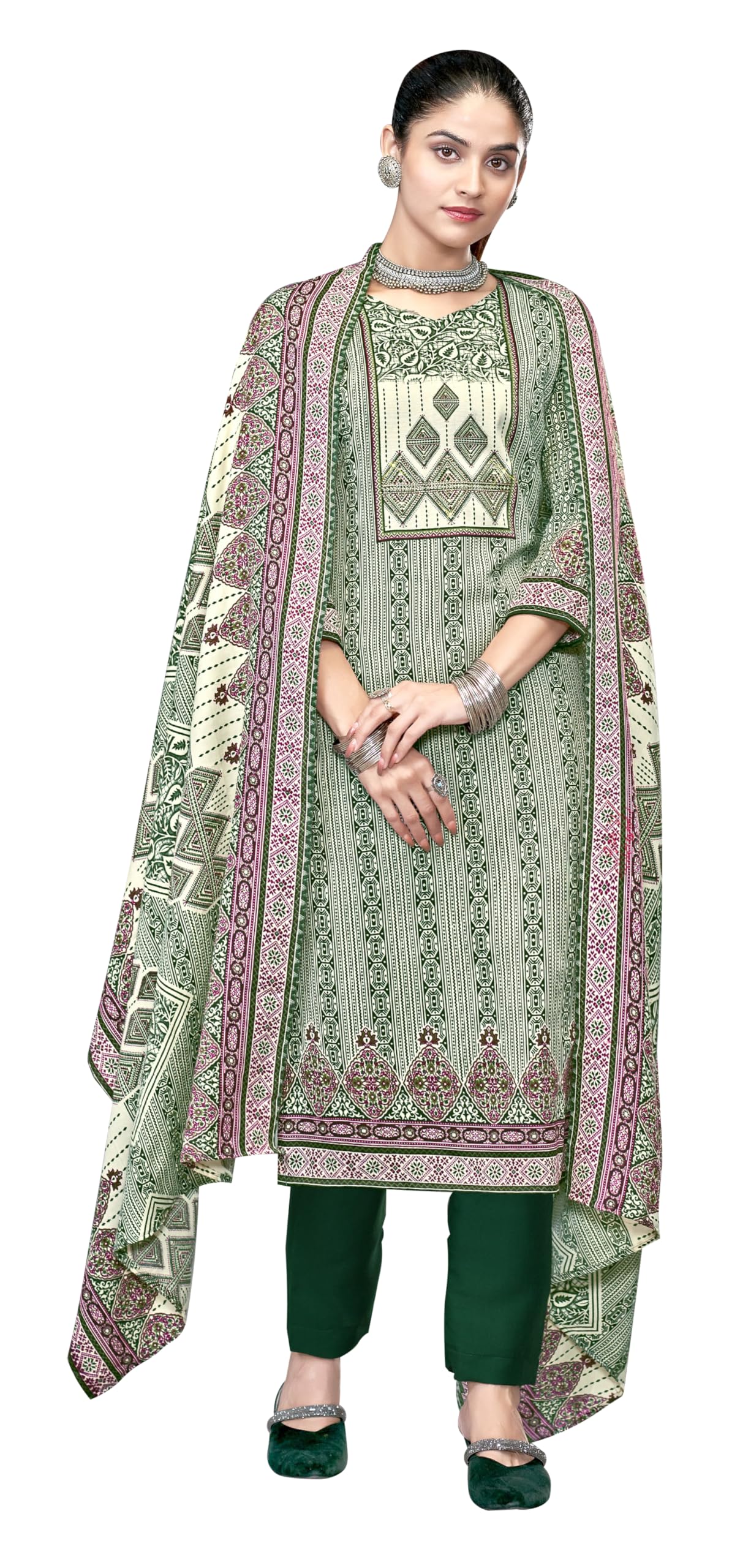 DRAVINAM Trends Pashmina Spun Digital Style Printed Unstitched Salwar Suit for Women with Siroski Work and Twill Printed Shawl Dupatta