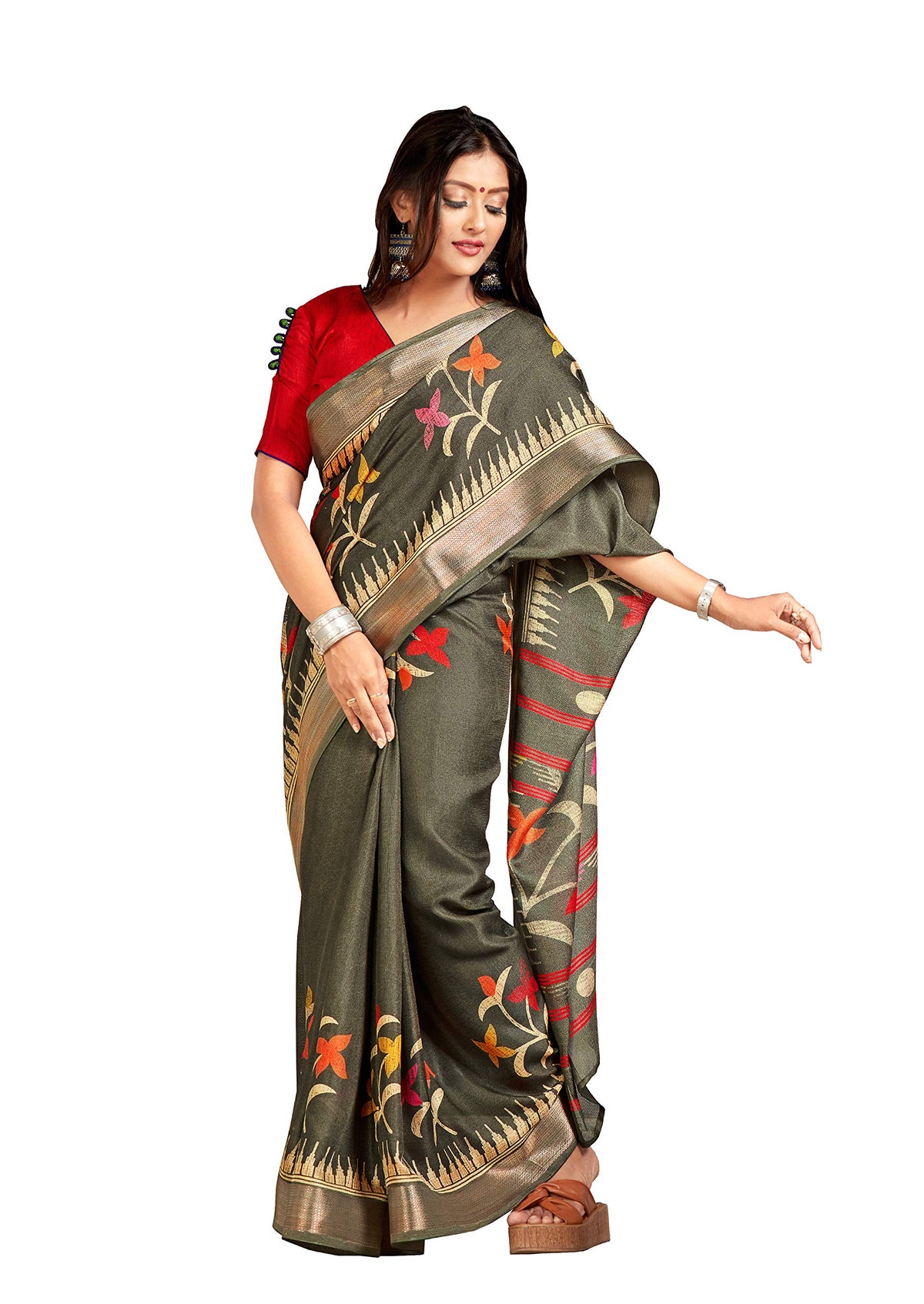 DRAVINAM Trends Women's Khadi Linen Saree With Un-stitched Blouse (SareePe_9_Grey & Red)