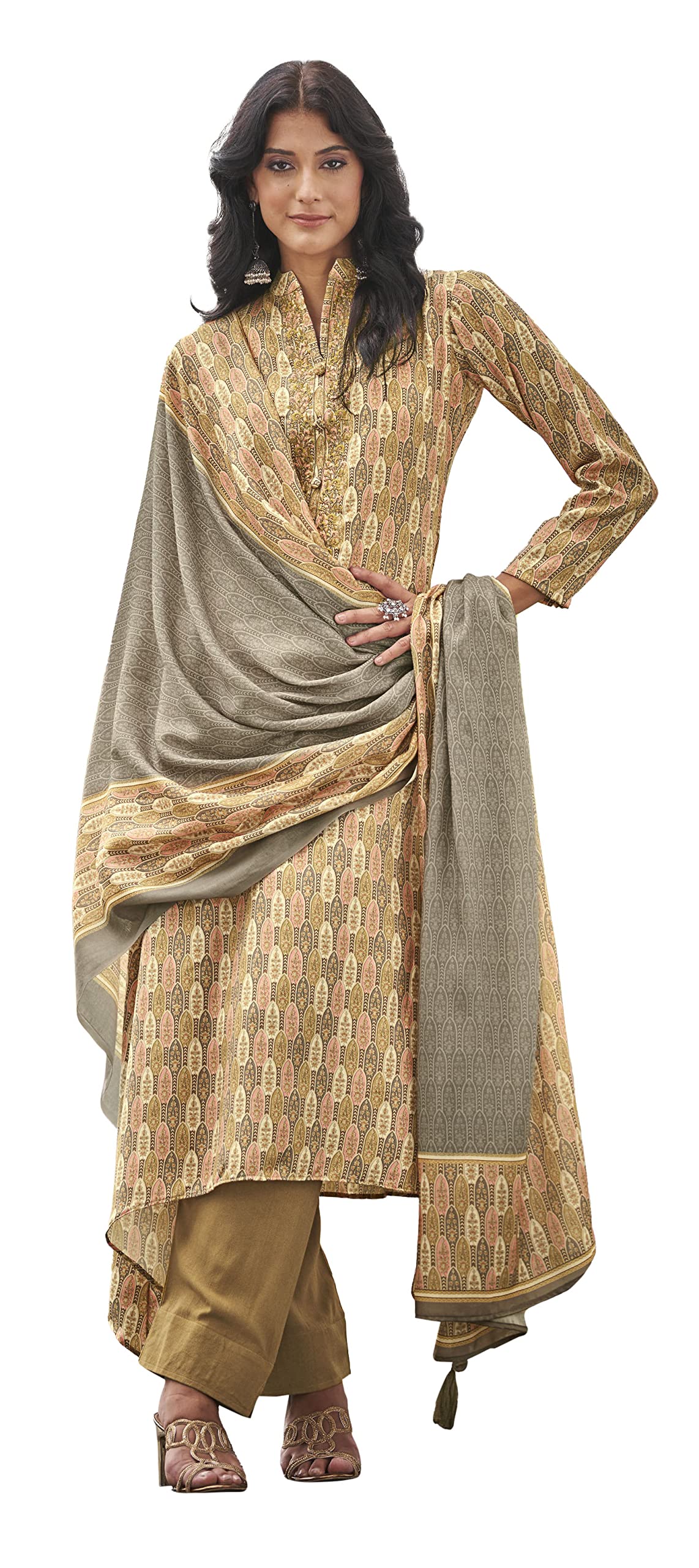DRAVINAM Trends Women's Pure Pashmina wool Digital Print Fancy Embroidery Work Warm Salwar Kameez Dress Material with Pure Woollen Pashmina Printed Woven Shawl Dupatta (Yellow)