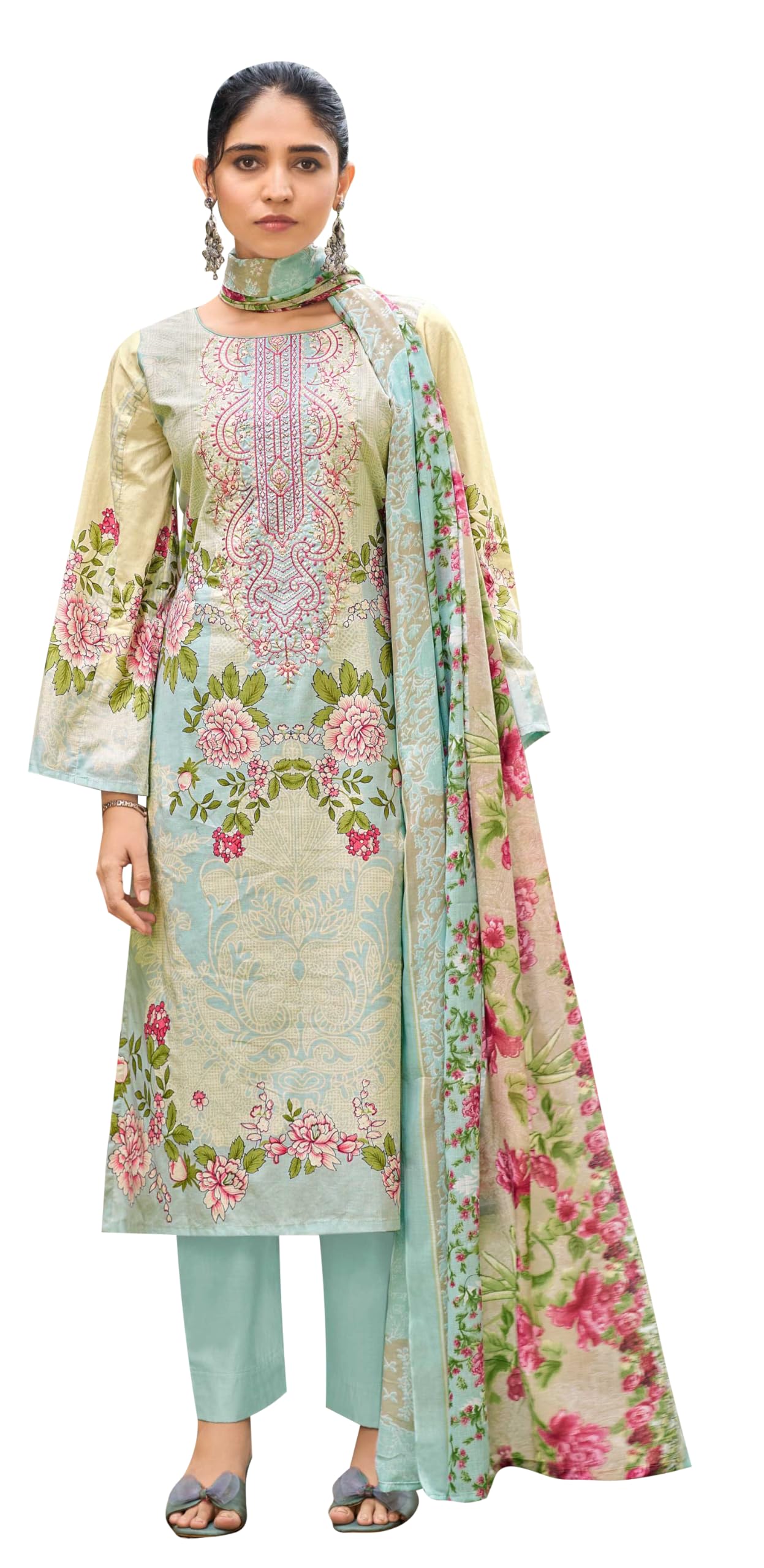 DRAVINAM Trends Unstitched Pure Lawn Cotton Pakistani Embroidered Suit Dress Material with Unstitched Bottoms and Cotton Dupatta