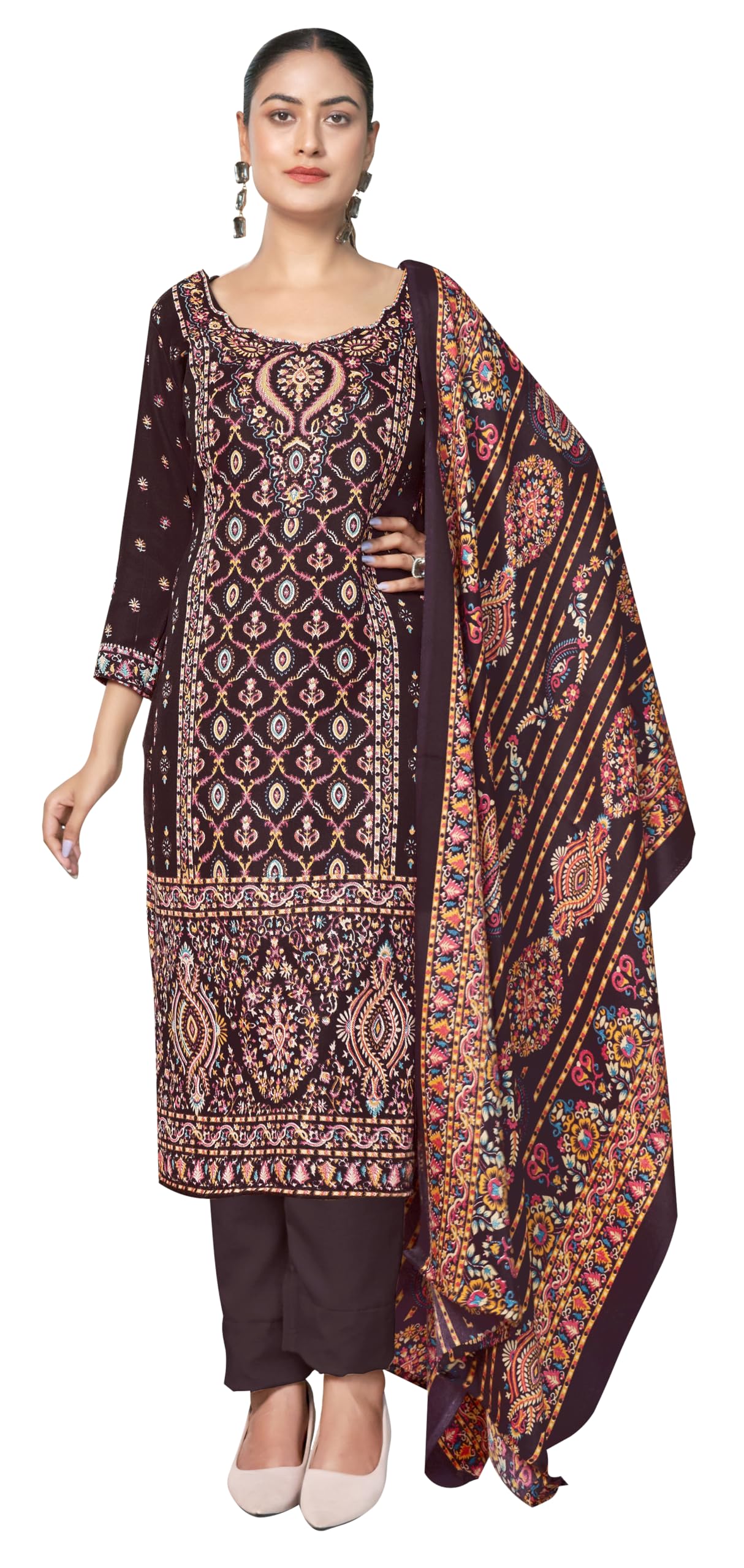 DRAVINAM Trends Women's Printed Woolen Pashmina Unstitch Salwar Suit Dress Material with Printed Woolen Warm Shawl Dupatta