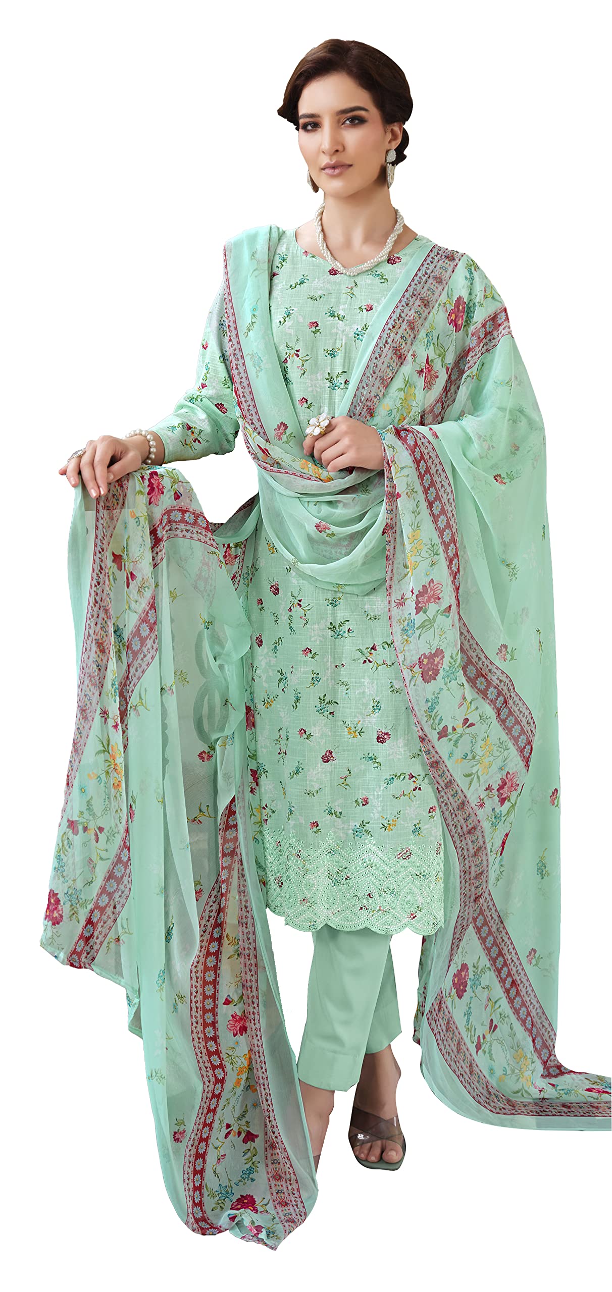 DRAVINAM Trends Unstitched Printed Embroidery Work Cotton Salwar Suits Dress Material with Chiffon Dupatta (Pink)