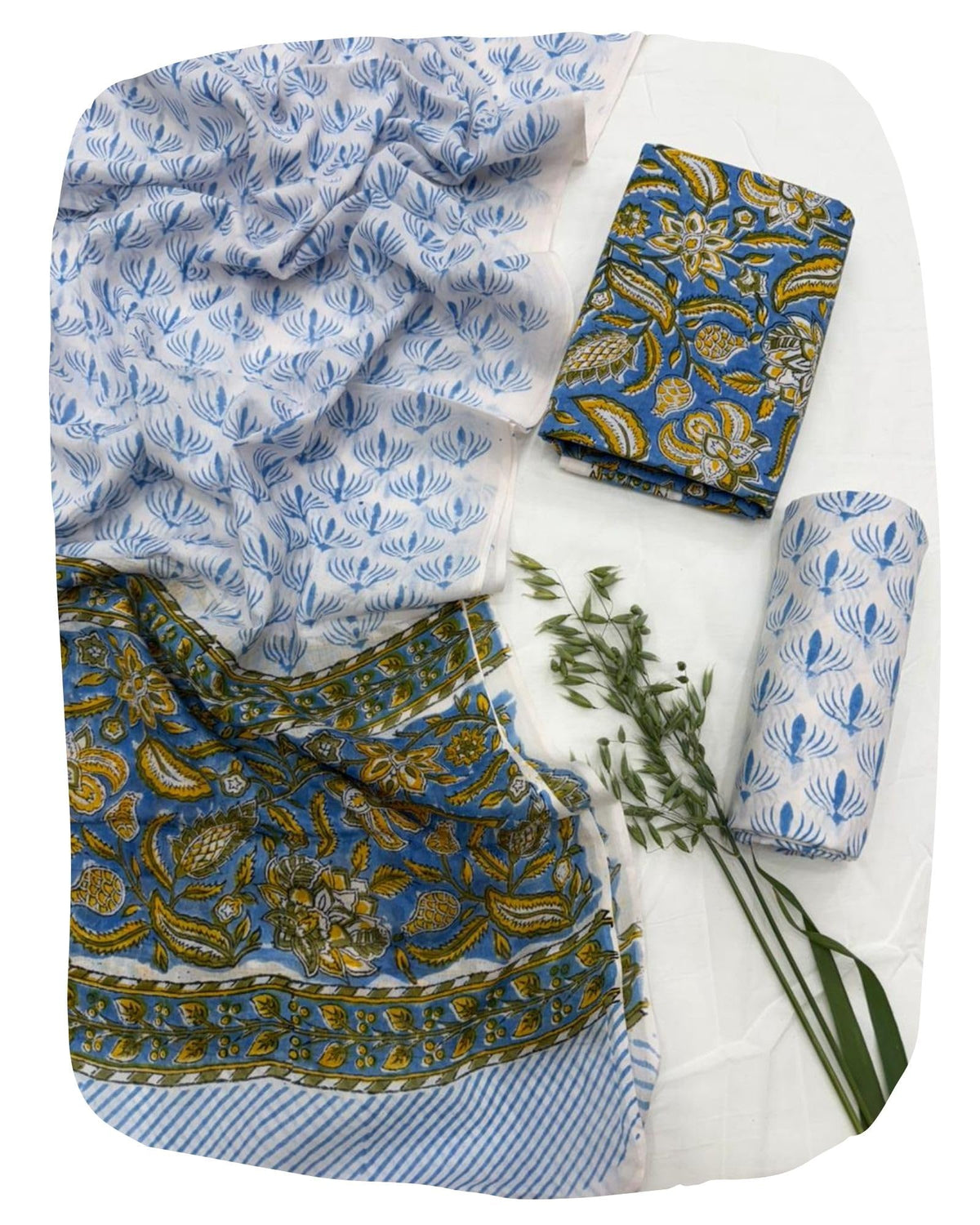DRAVINAM Trends Hand Block Dabu Print Indigo Cambric Unstitched Cotton Suit Dress Material for Women with Mulmul Cotton Hand Printed Dupatta
