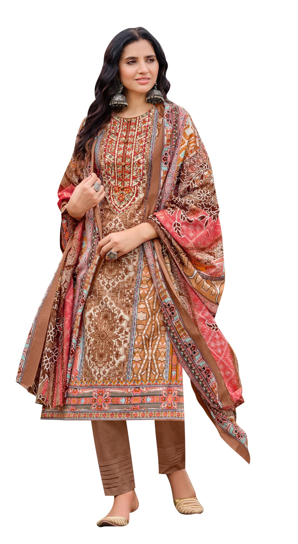 DRAVINAM Trends Lawn Cotton Pakistani Embroidered Suit Dress Material with Unstitched Bottoms and Cotton Dupatta