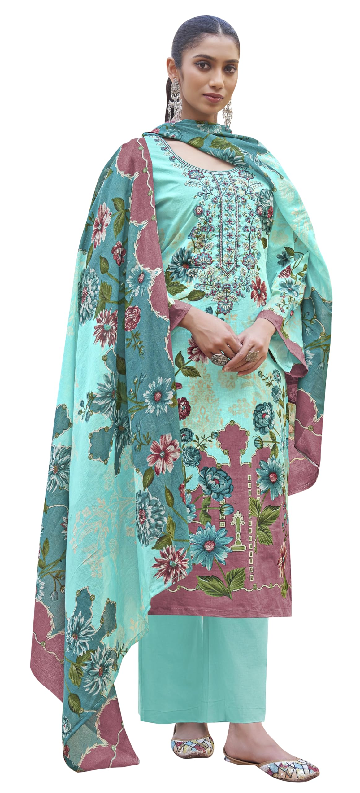 DRAVINAM Trends Women's Unstitched Premium Cambric Cotton Embroidered Printed Suit Material