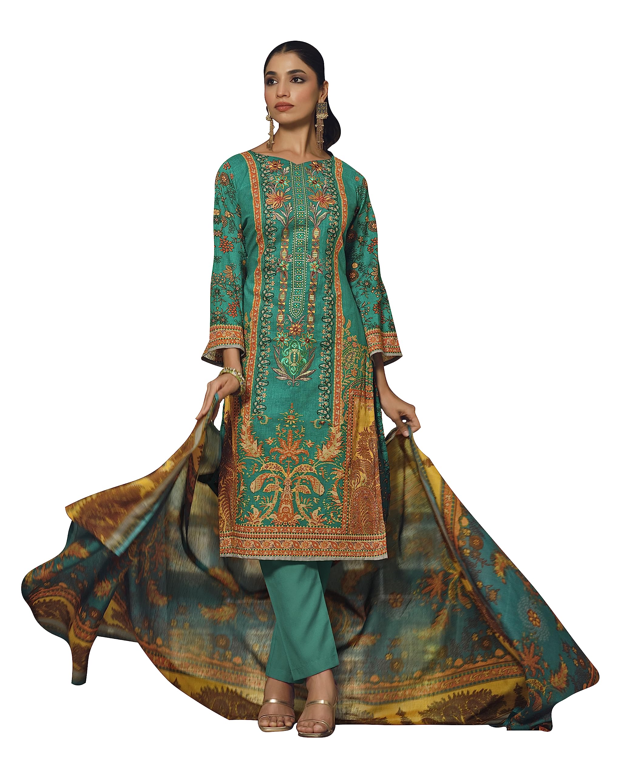 DRAVINAM Trends Women's Unstitched Printed Embroidered Pure Cotton Pakistani Salwar Suit Dress Materials with Cotton printed Dupatta (Black)