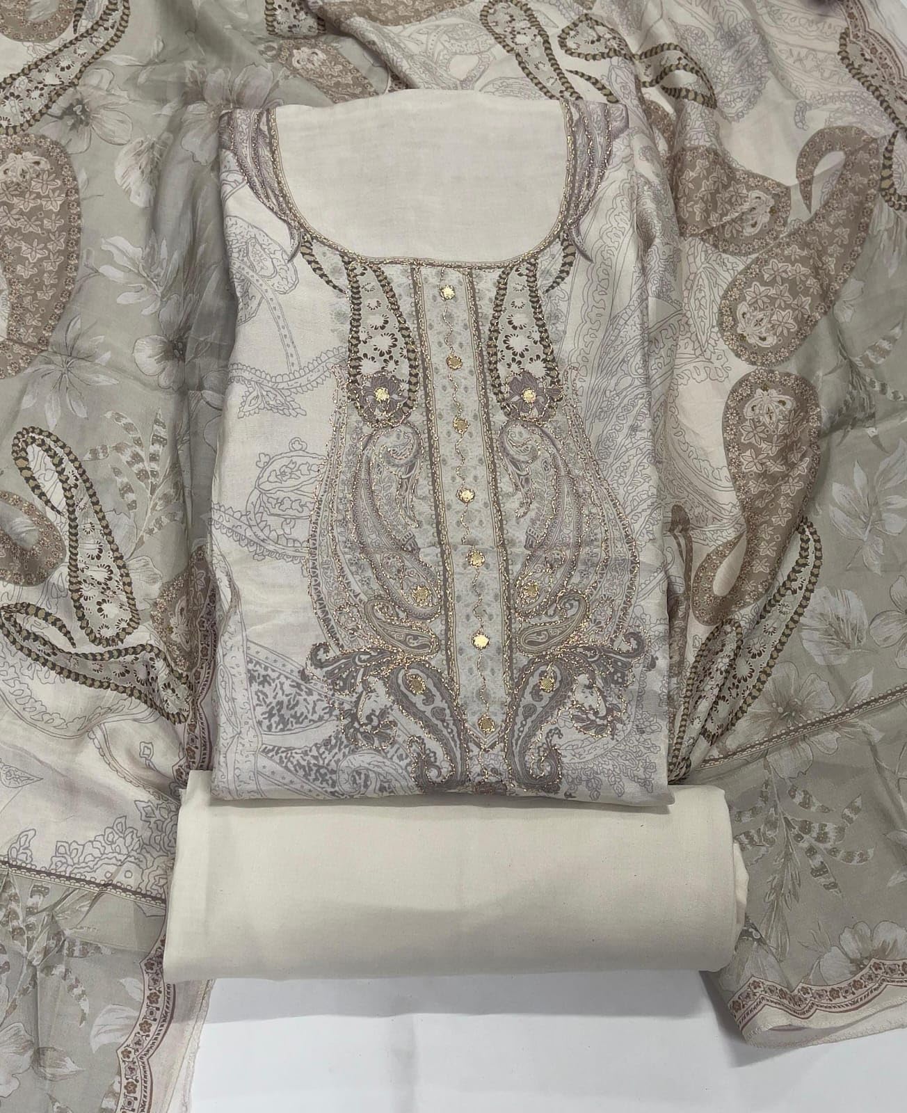 DRAVINAM Trends Women's Elegant Taupe & Off-White Embroidered Pure Muslin Dress Material with Printed Dupatta