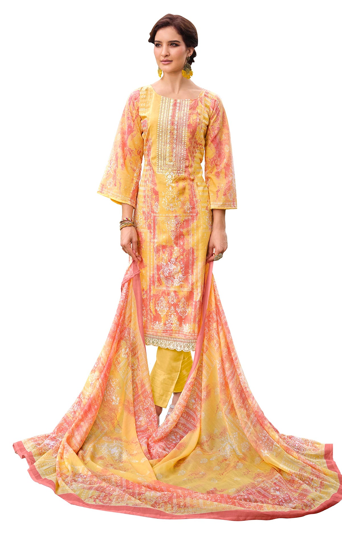 DRAVINAM Trends Unstitched Printed Embroidered Lace Work Cotton Salwar Suits Dress Material with Cotton Dupatta