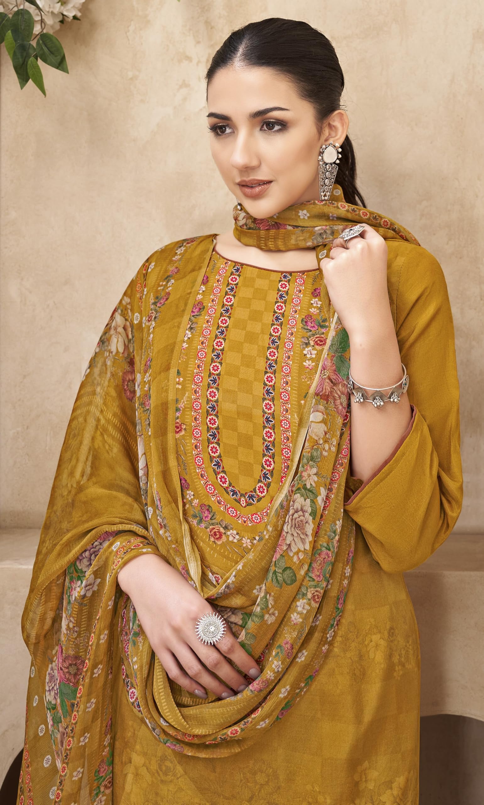 DRAVINAM Trends Women's Unstitched Viscose Maslin Hand Embroidered Suit Material - Viscose Maslin Digital Printed Hand Embroidered Kameez II Rayon Bottoms II Half Pure Digital Printed Dupatta