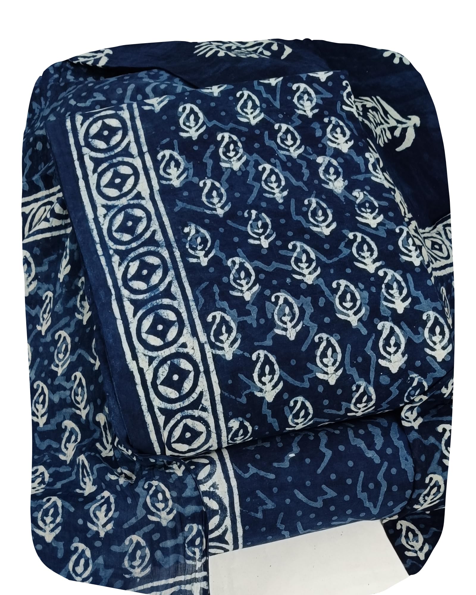 DRAVINAM Trends Hand Block Dabu Print Indigo Cambric Unstitched Cotton Suit Dress Material for Women with Mulmul Cotton Hand Printed Dupatta