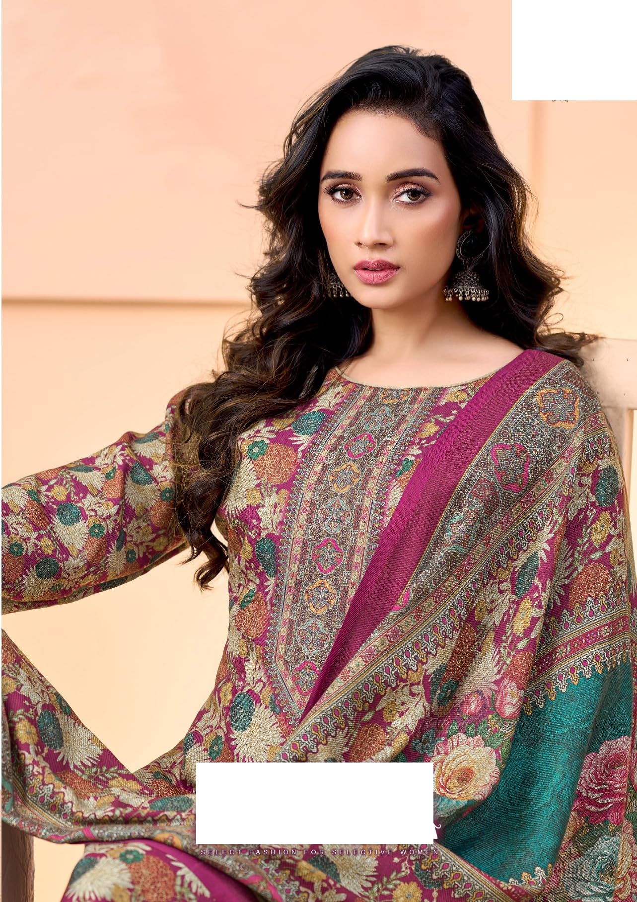DRAVINAM Trends Women's Unstitched Winter Wear Swaroski Work Kashmiri Floral Digital Printed Heavy Woolen Pashmina Salwar Suit Dress Material with Printed Shawl Dupatta