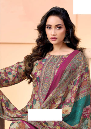 DRAVINAM Trends Women's Unstitched Winter Wear Swaroski Work Kashmiri Floral Digital Printed Heavy Woolen Pashmina Salwar Suit Dress Material with Printed Shawl Dupatta