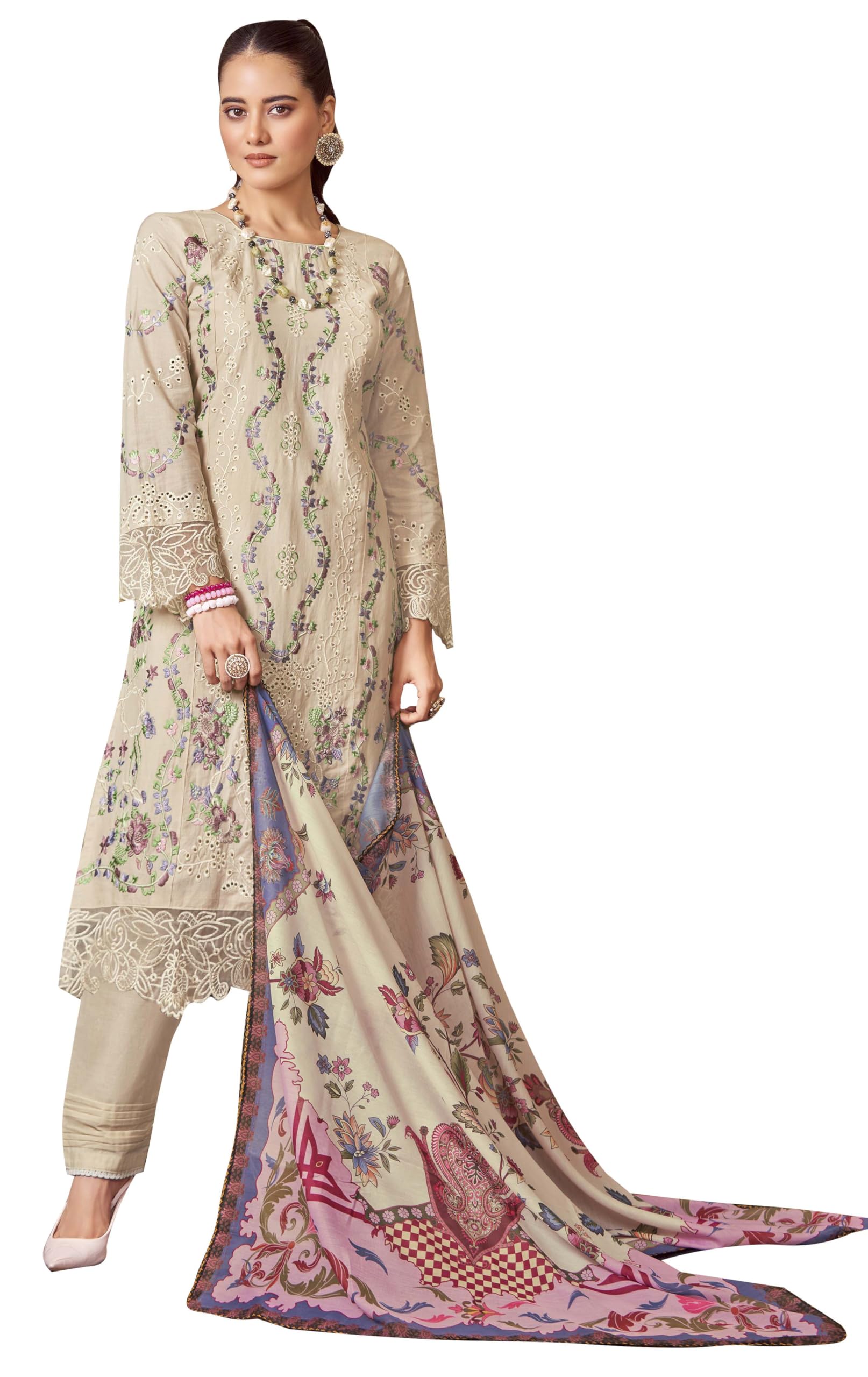 DRAVINAM Trends Women's Exquisite Unstitched Viscose Cambric Lawn Cotton Suit Dress Material with Embroidered Daman & Sleeves | Stylish Pure Cotton Digital Print Dupatta & Solid Bottoms