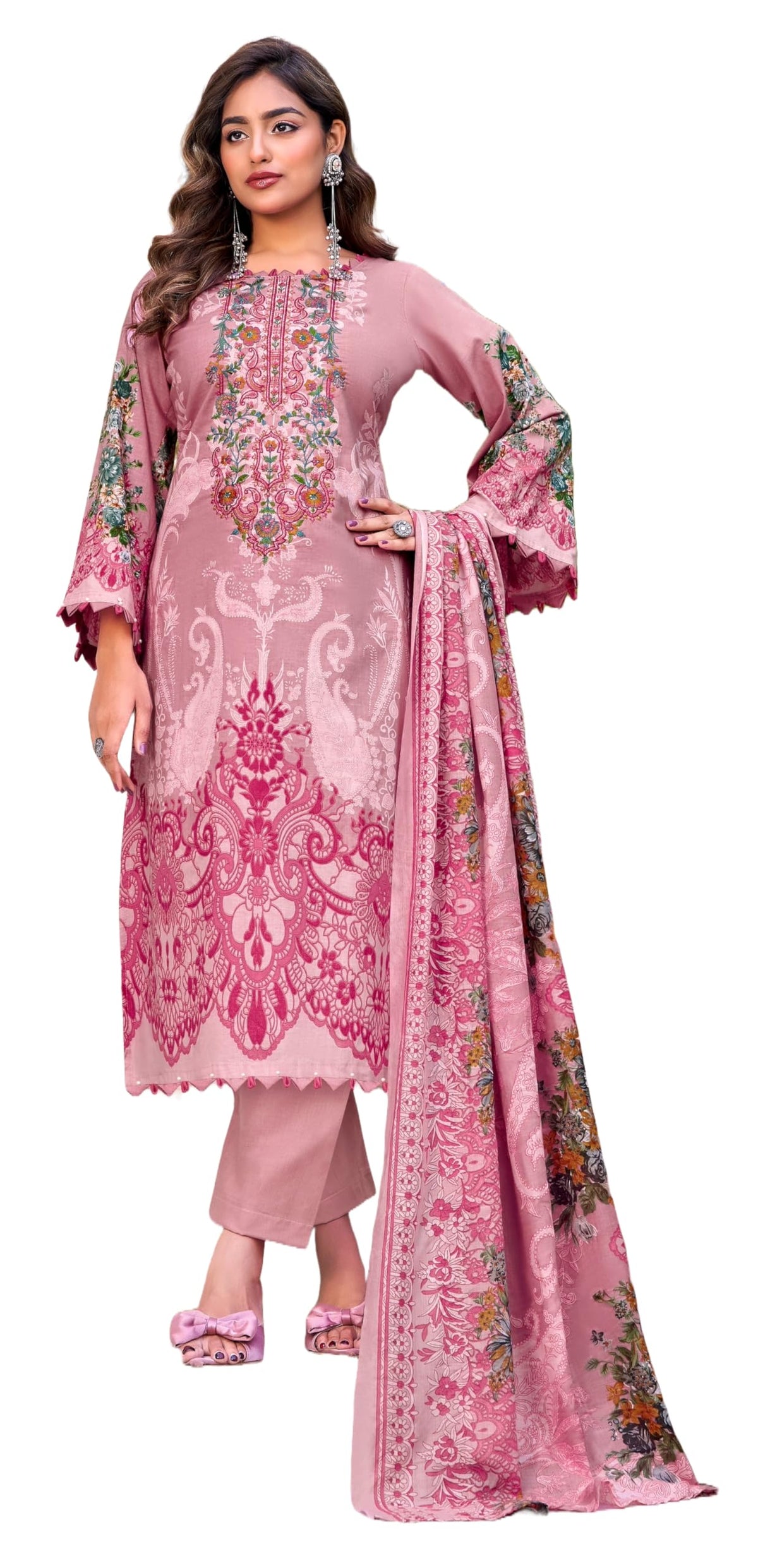 DRAVINAM Trends Women's Unstitched Cotton Suit Dress Material -Embroidered Digital Print Top II Plain Bottoms II Digital Print Dupatta