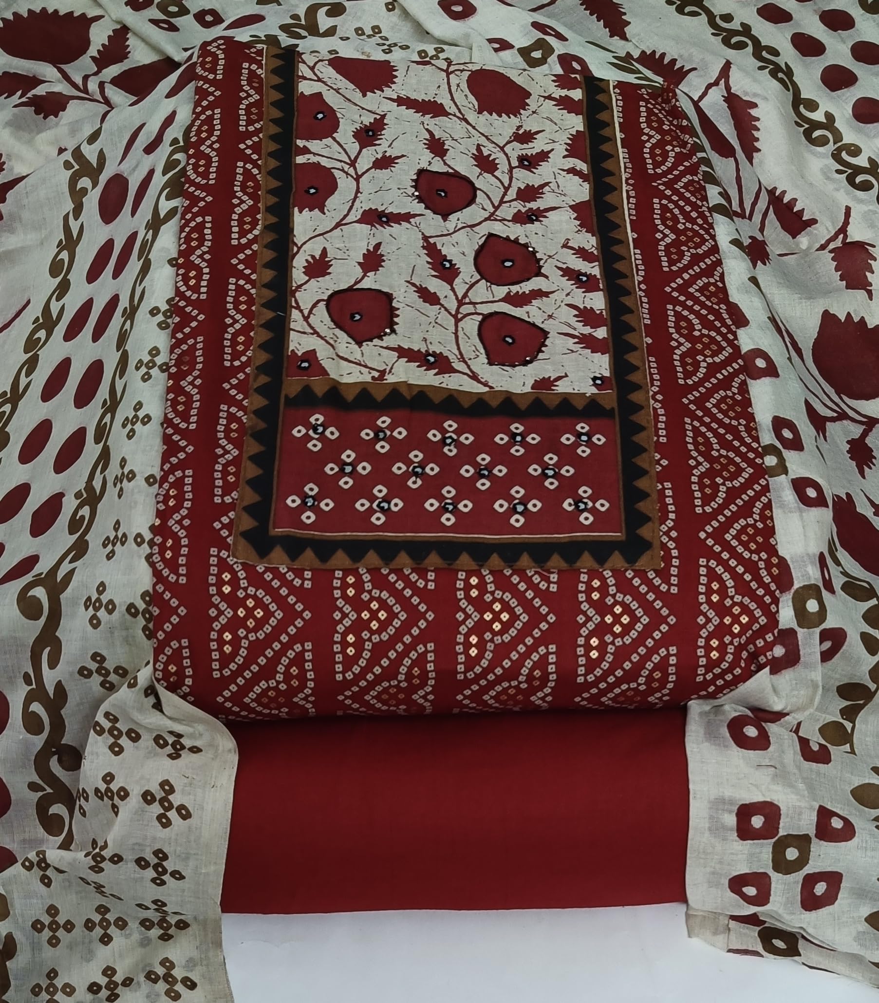 DRAVINAM Trends Women's Unstitched Cambric Cotton Dress Material Salwar Suit Set with Dupatta | Geometric Batik Print & Embellished Neckline (Multicolor)