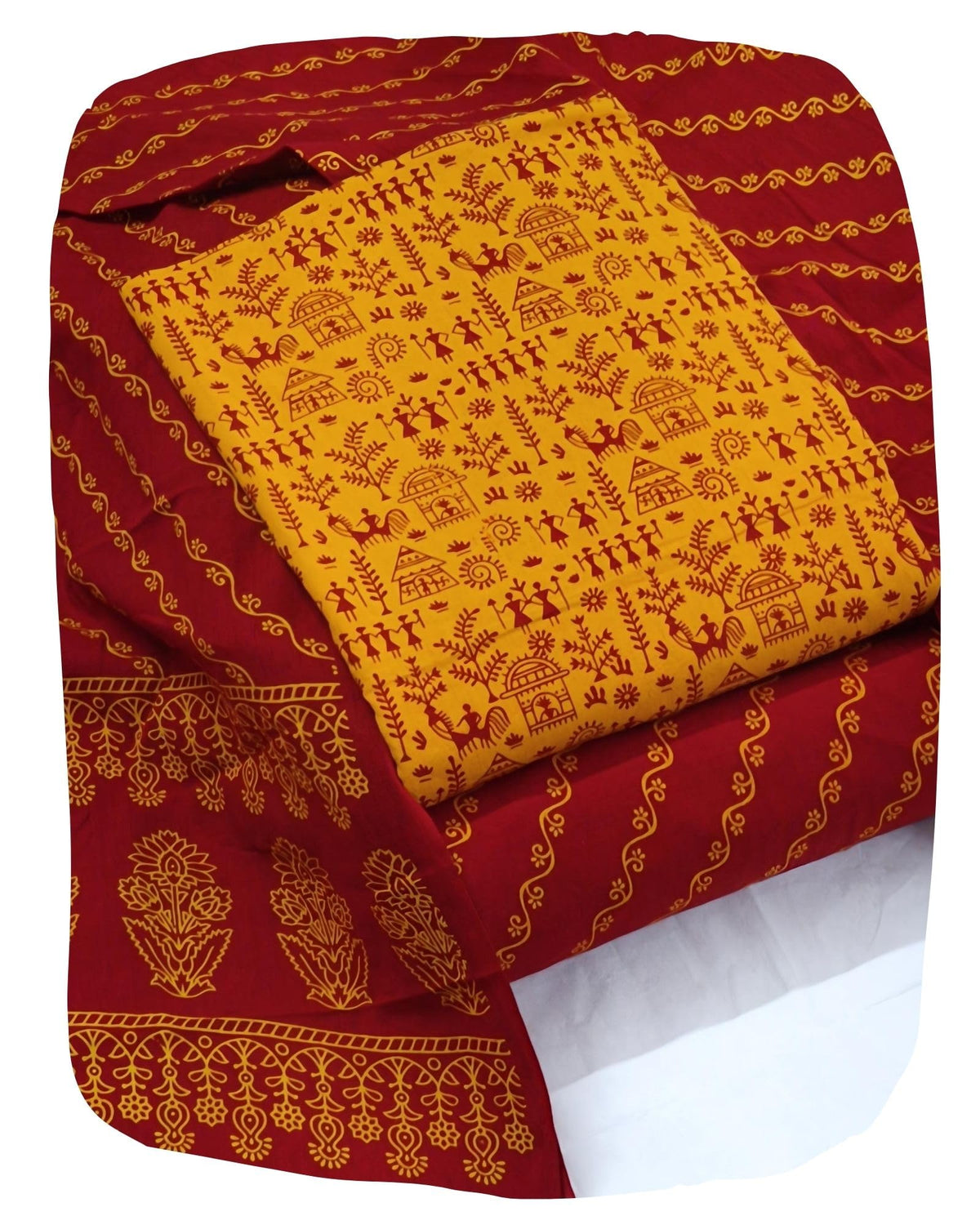 DRAVINAM Trends Women's Premium Cotton Unstitched Salwar Suit Dress Material Set | Traditional Rajasthani Gujari Block Print (Red & Mustard Yellow)