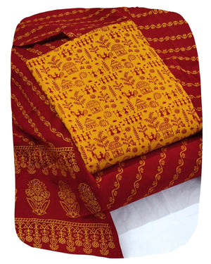 DRAVINAM Trends Women's Premium Cotton Unstitched Salwar Suit Dress Material Set | Traditional Rajasthani Gujari Block Print (Red & Mustard Yellow)