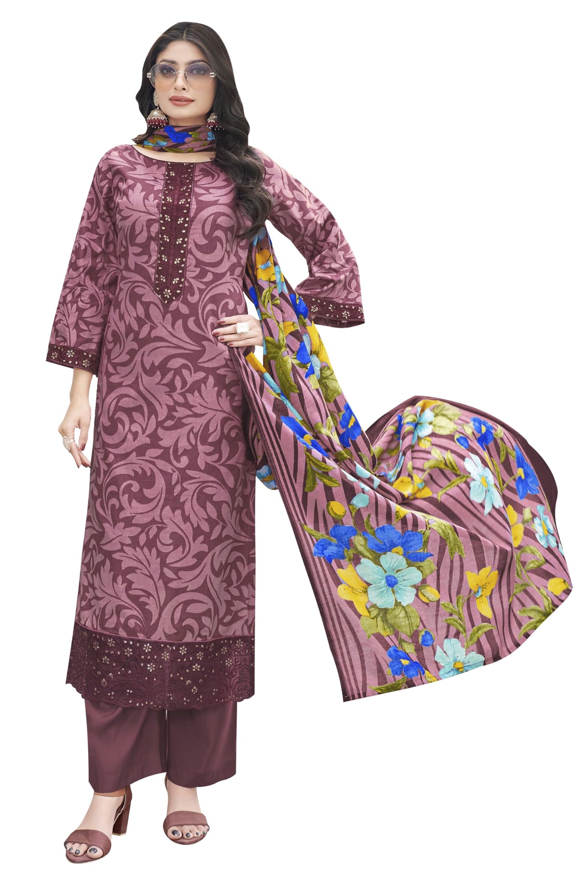 DRAVINAM Trends Kurti 2.50 mtrs,Pure Cotton Solid (2.7 m), Pure Cotton Mal Mal Print Dupatta (2.25 m)|Brown