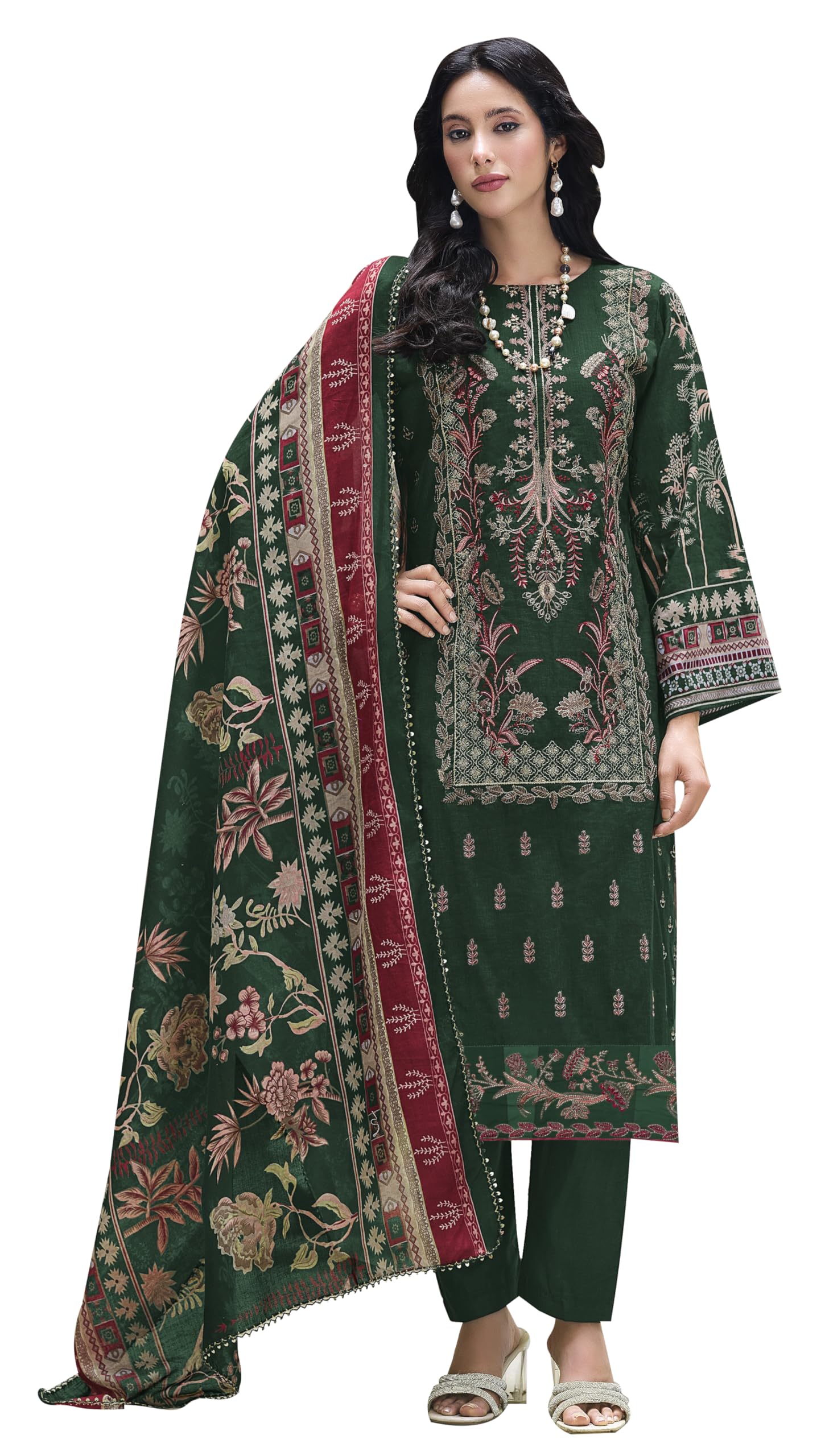DRAVINAM Trends Women's Unstitched Cotton Salwar Suit Dress Material - Pure Cotton Heavy Embroidered Kameez II Unstitch Bottoms II Mal Mal Dupatta
