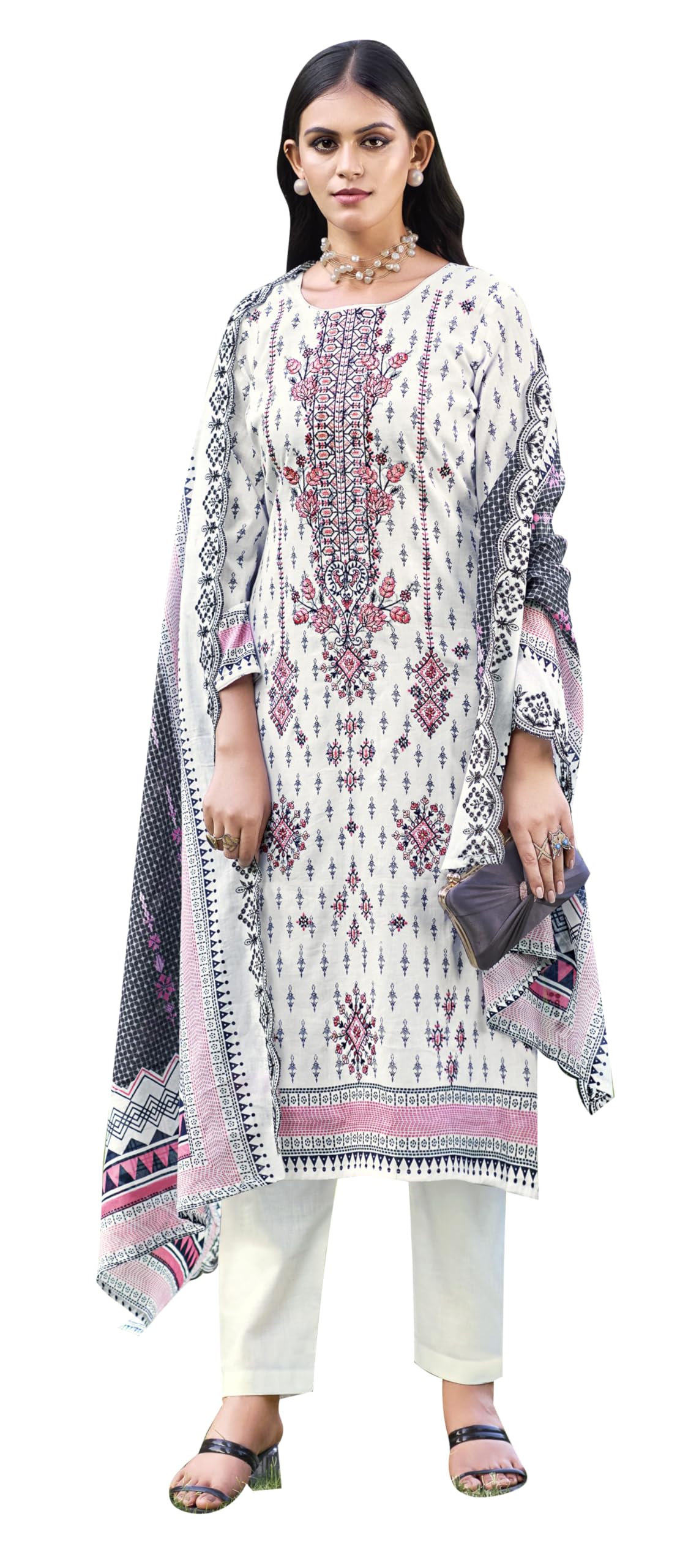 DRAVINAM Trends Women's Unstitched Pakistani Digital Print Embroidered Pure Cotton Salwar Suit Dress Materials with Cotton Embroidered Cutwork Dupatta