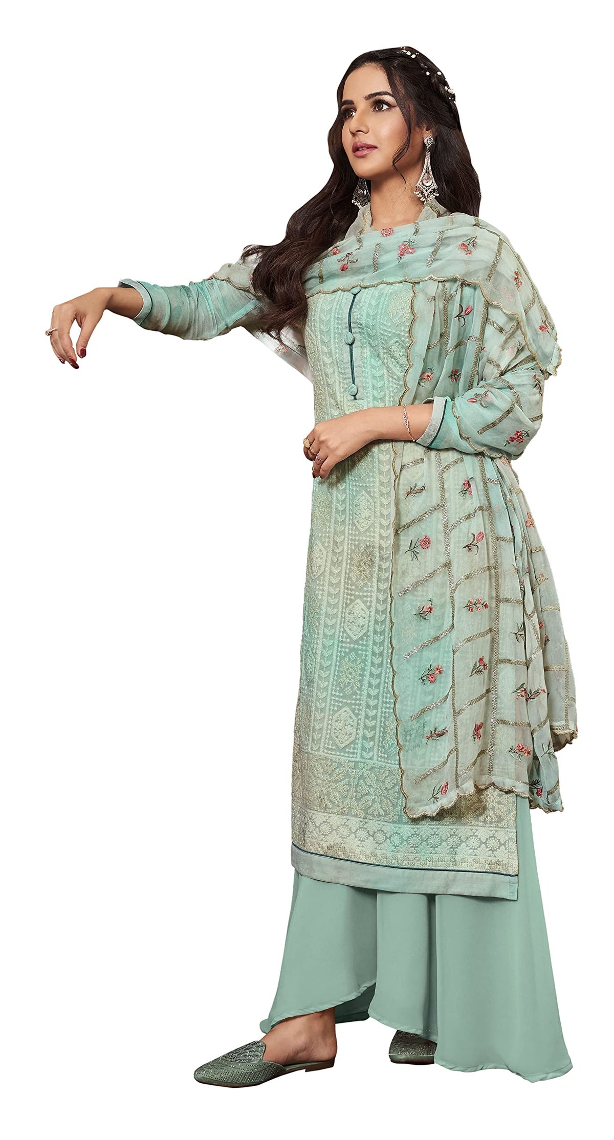 DRAVINAM Trends women’s real georgette digital printed sequence embroidered unstitched salwar Suit Dress Material with pure georgette sequence embroidered dupatta (sea green)