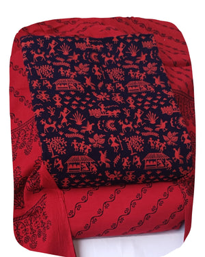 DRAVINAM Trends Women's Premium Cotton Unstitched Salwar Suit Dress Material Set | Traditional Rajasthani Gujari Block Print (Red & Mustard Yellow)