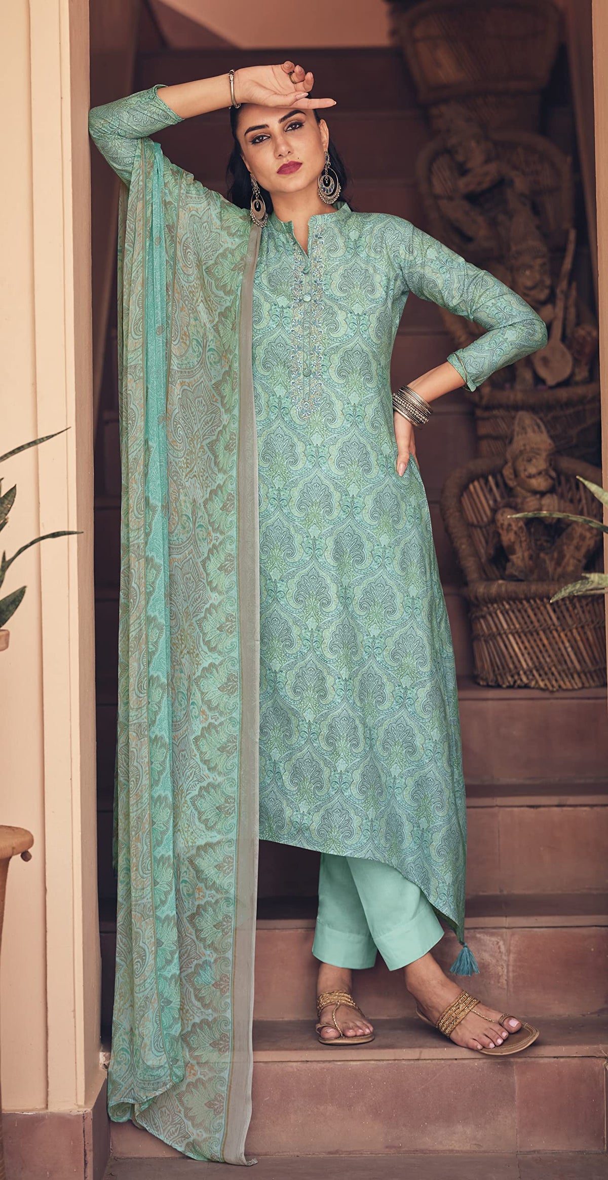 DRAVINAM Trends Women's Digital Printed Cambric Cotton Embroidered Unstitched Salwar Suit Dress Material with Japan Chiffon/Half Pure Digital Printed Chunni/Dupatta (Sea Green)