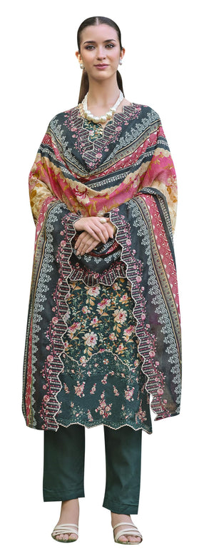 DRAVINAM Trends Women's Stitched Digital Print Embroidered Scalloping Cutwork Pure Cotton Kurta Pant Suit Set with Cotton Embroidered Scalloping Cutwork Dupatta (XL / 42)