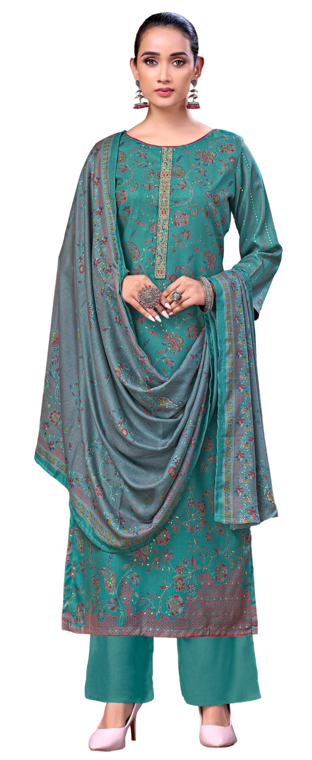 DRAVINAM Trends Women's Winter Wear Unstitched Discharge Print Hand Work Neck Embroidered Woollen Viscose Pashmina Salwar Suit Dress Material with Pashmina Printed Shawl Dupatta