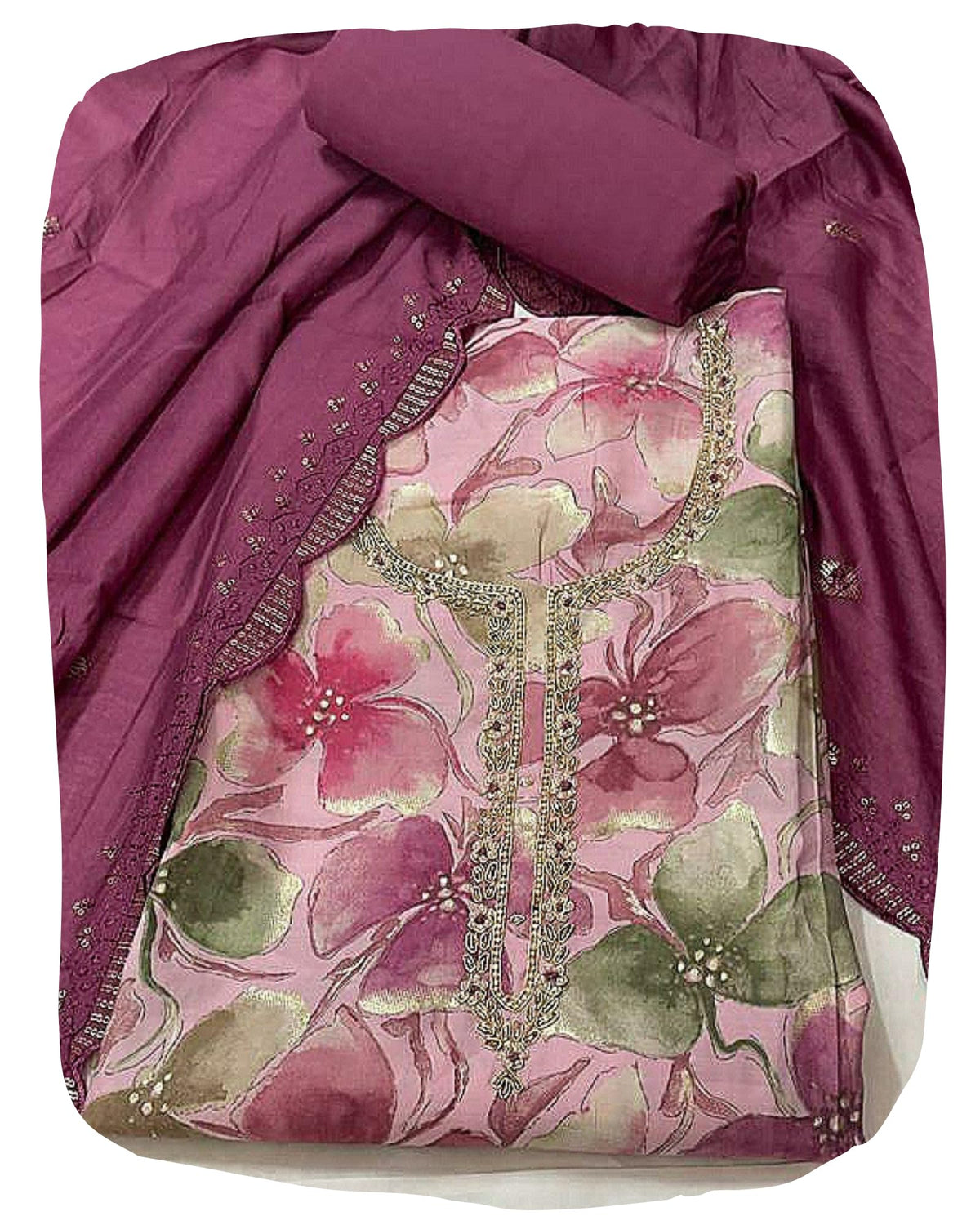 DRAVINAM Trends Handwork Modal Silk Unstitched Salwar Suit with Scalloped Dupatta