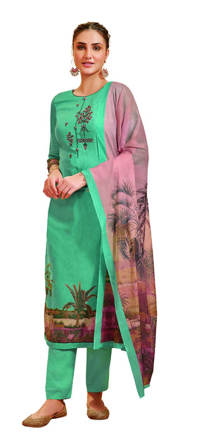 DRAVINAM Trends Women's Unstitched Pure Lawn Digital Printed Placement Embroidered Cotton Salwar Suit Dress Material with Mal Mal Cotton Digital Printed Dupatta (Parrot Green)