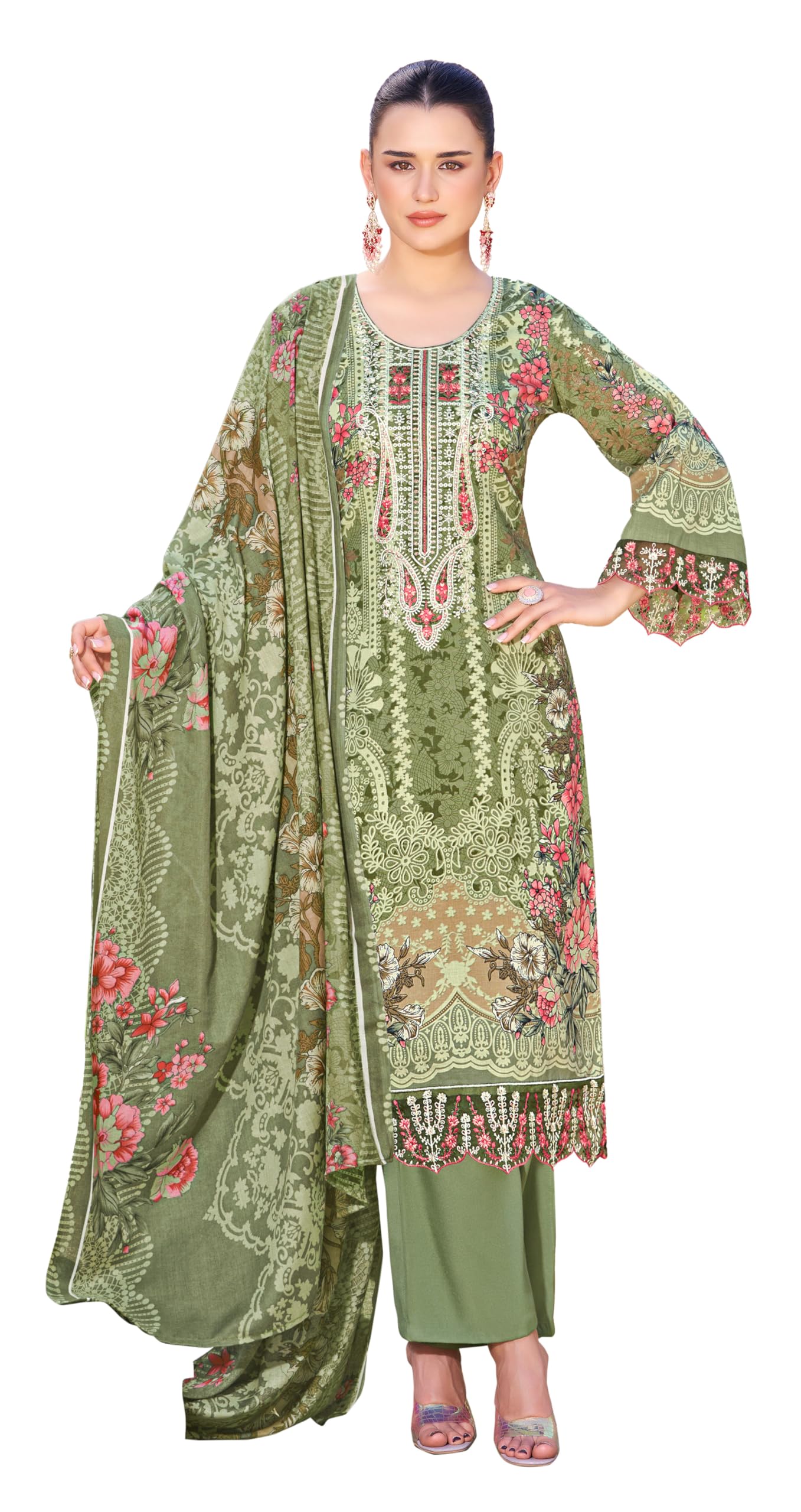 DRAVINAM Trends Women's Unstitched Salwar Suit Dress Material - Pure Cambric Cotton Pakistani Print Embroidered Kameez II Pure Cotton Bottoms II Pure Cotton Dupatta